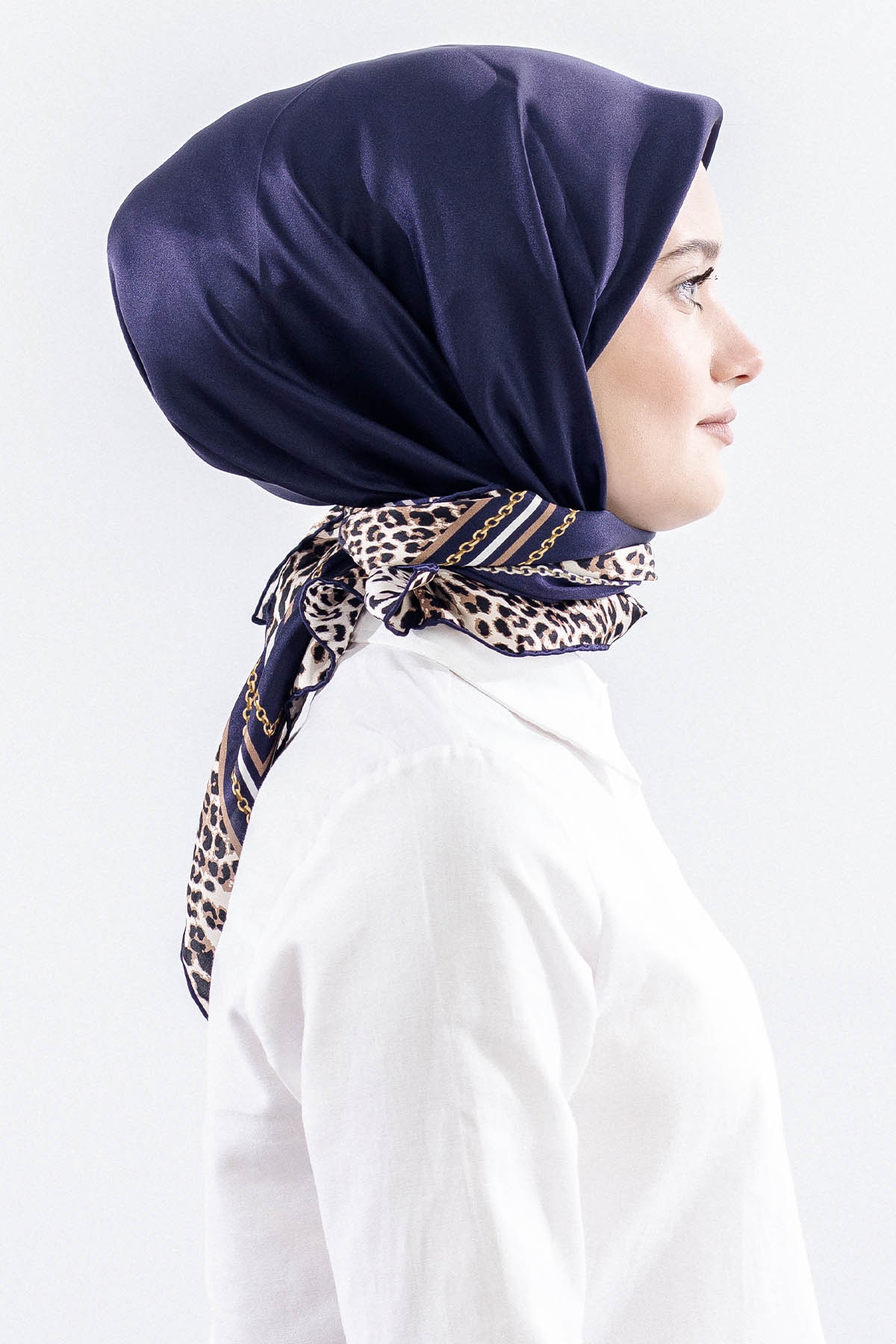 10748 İpek Eşarp Sura Kumas Kenari Leopar - Lacivert - 3
