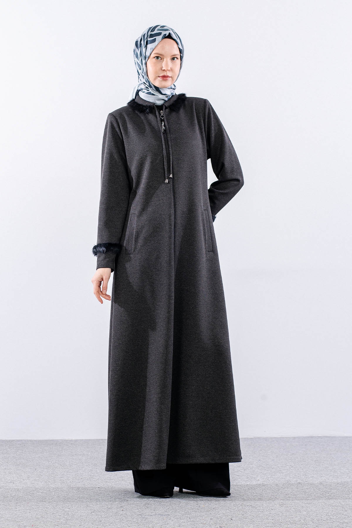 1173 Ferace 42-52 Kurk Detay Kis Kumas - Gri - 3