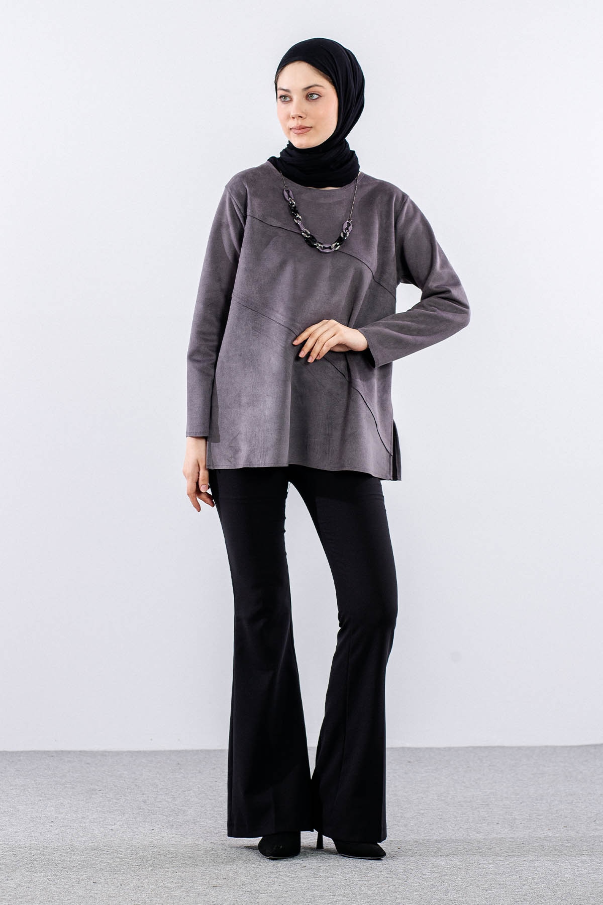 2470 Süet Bluz 44-50 - Gri - 2