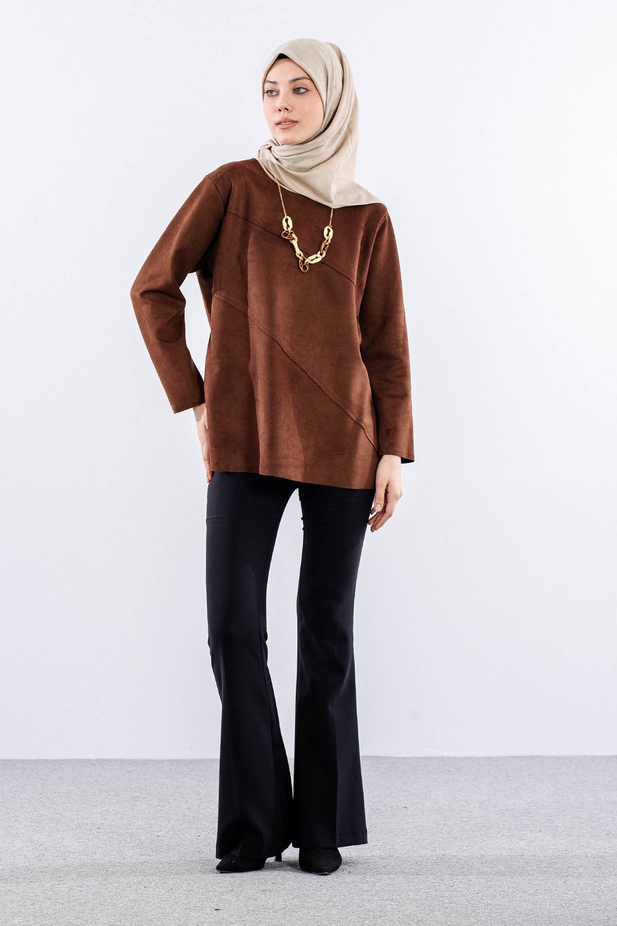 2470 Süet Bluz 44-50 - Kahve - 1