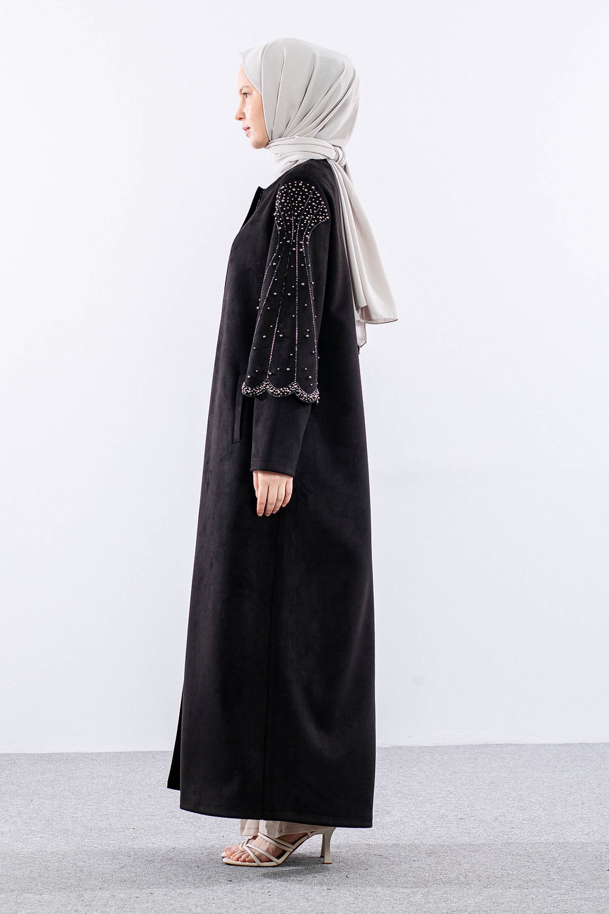 2521 Suet Kolu Taşli Pardesü 44-54 - Siyah - 4