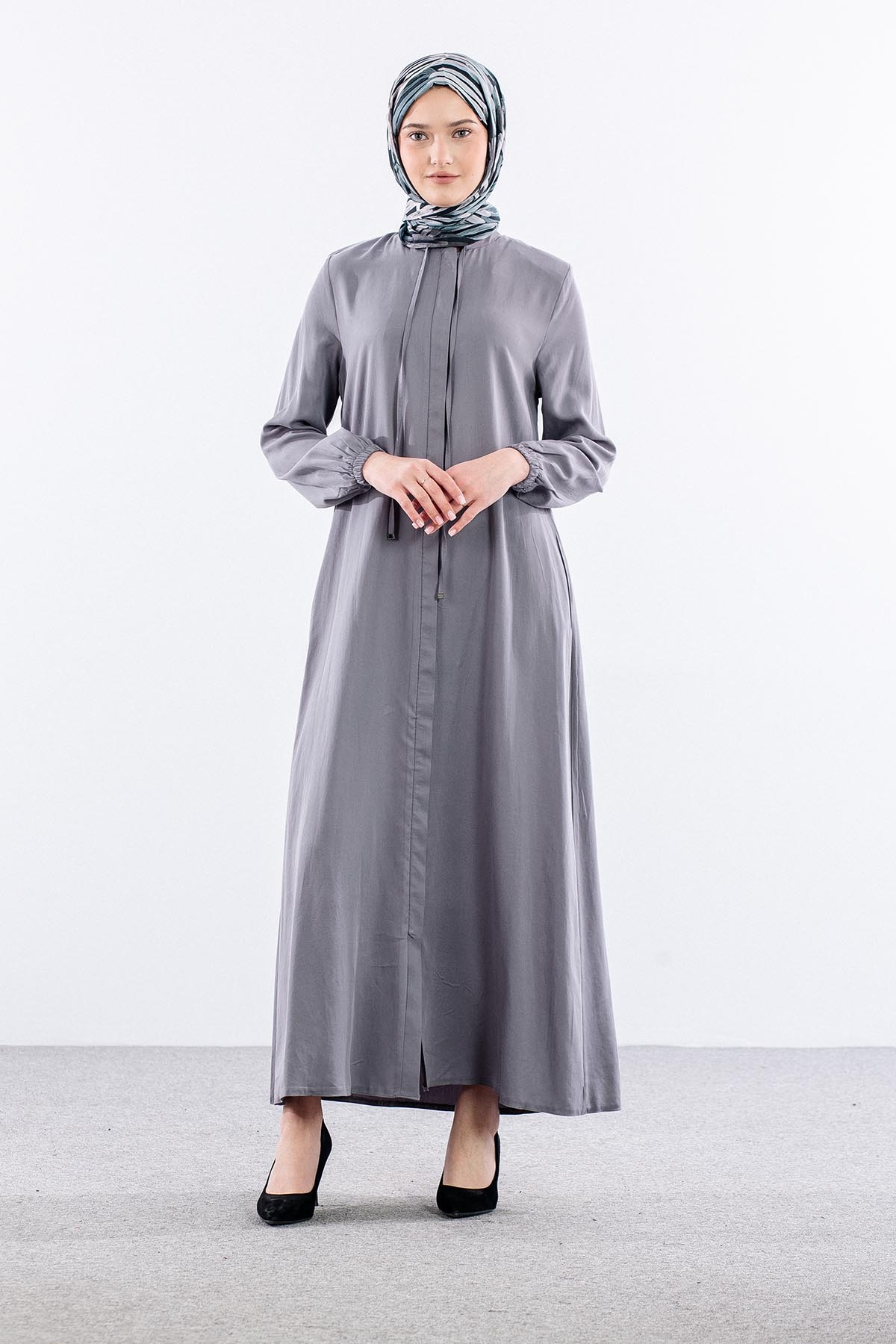 2616 Ferace 42-52 Tencel Duz Ipli - Gri - 1