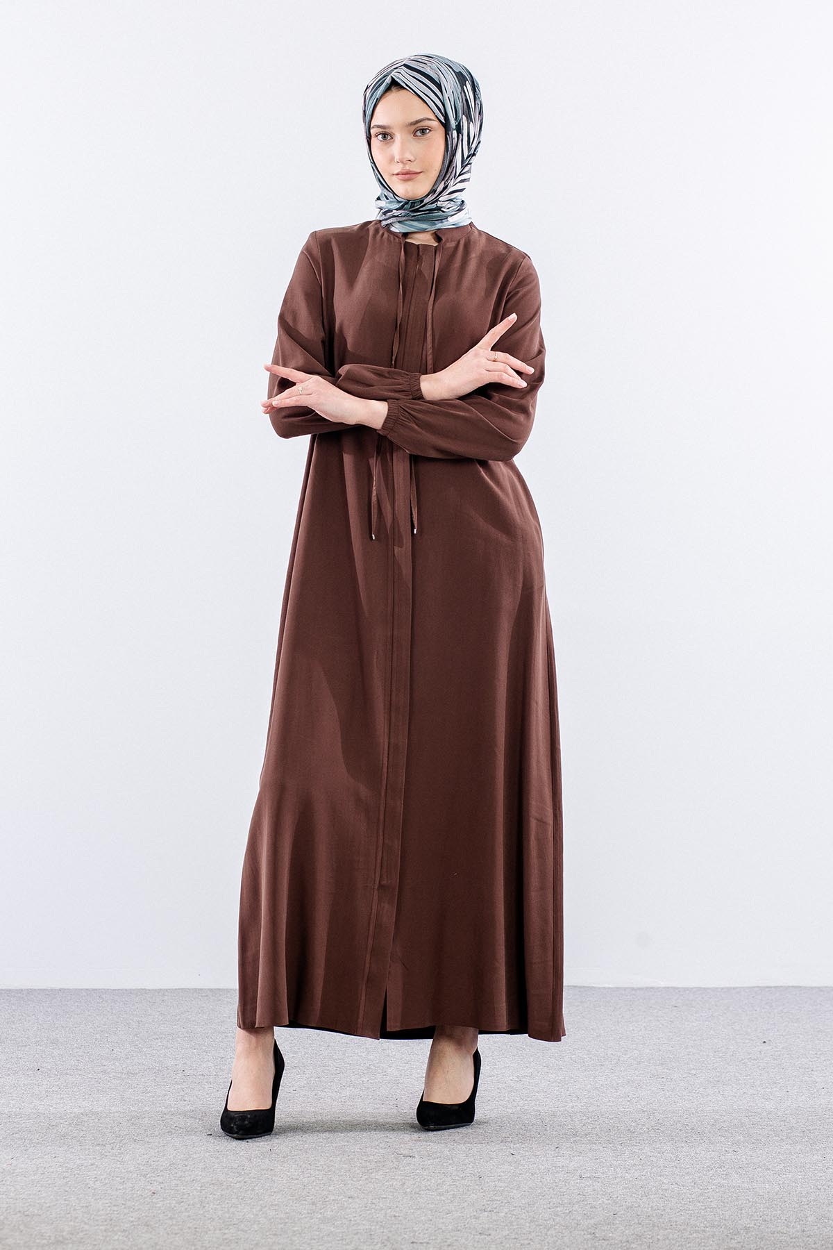 2616 Ferace 42-52 Tencel Duz Ipli - Kahve - 2