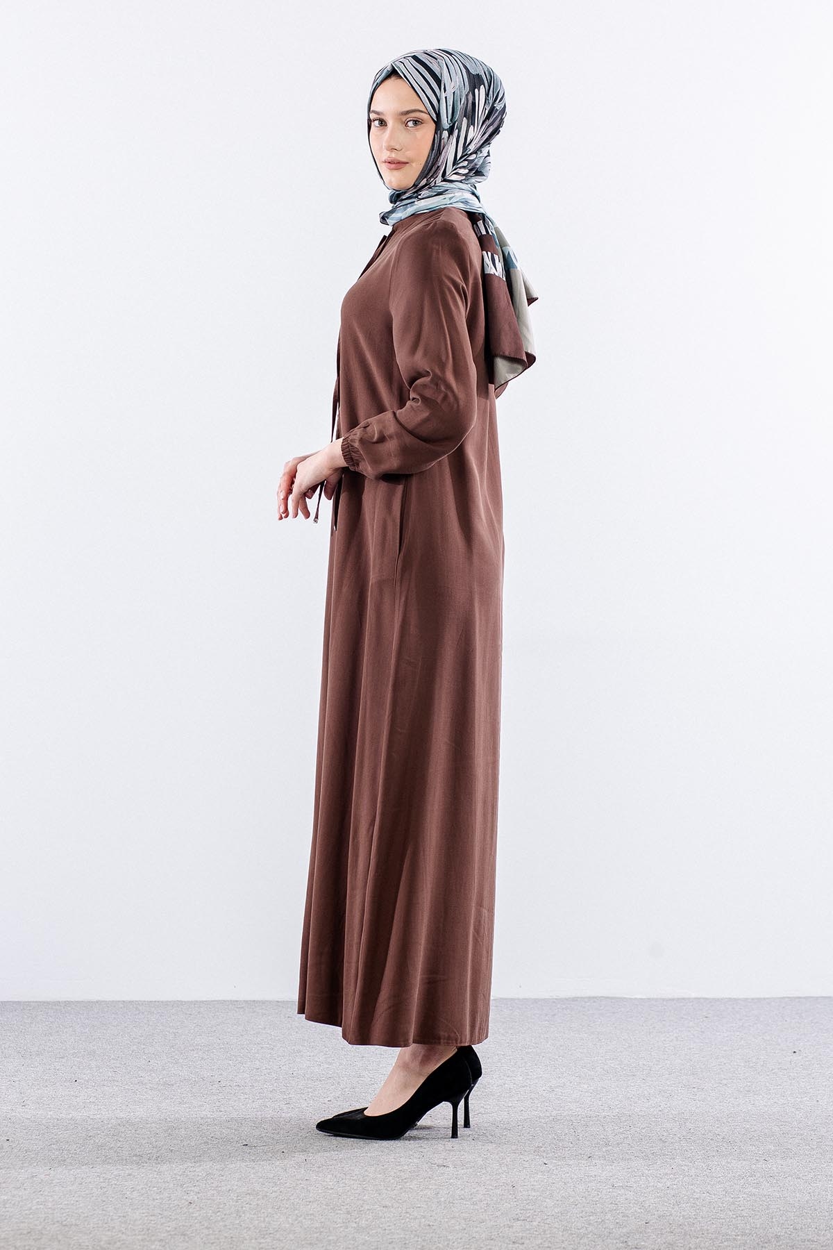 2616 Ferace 42-52 Tencel Duz Ipli - Kahve - 4