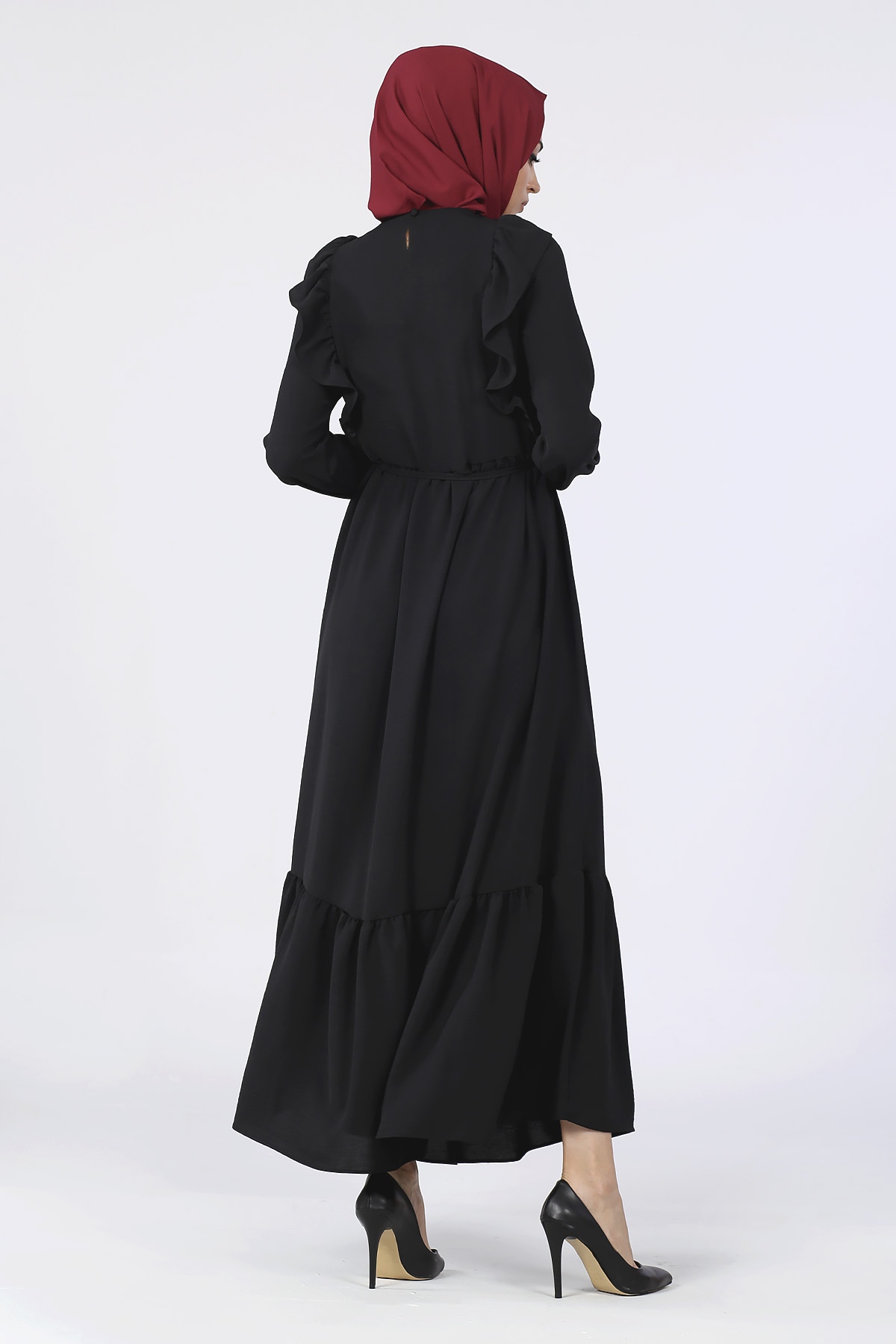 Püskül Kemerli Fırfır Elbise Siyah - 5