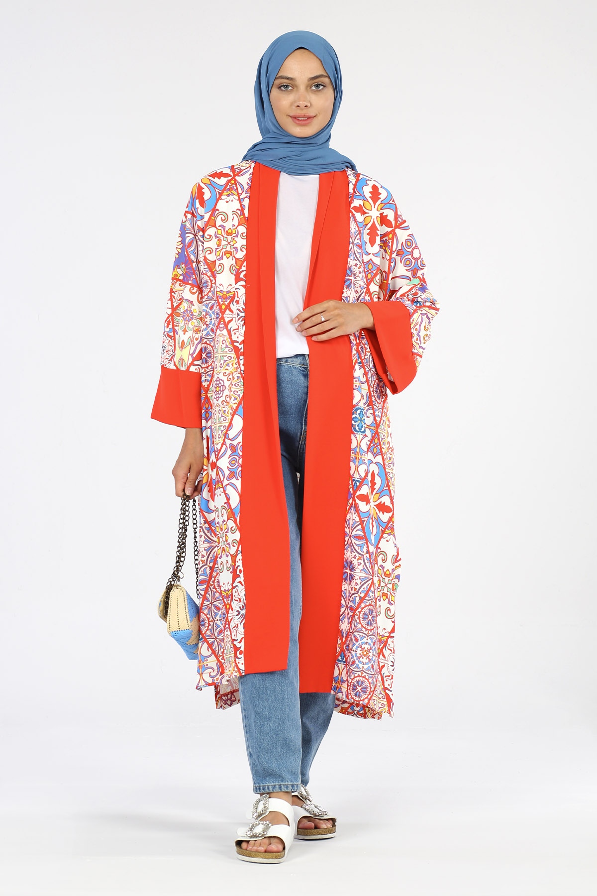 Renkli Blok Kimono Kırmızı - 1