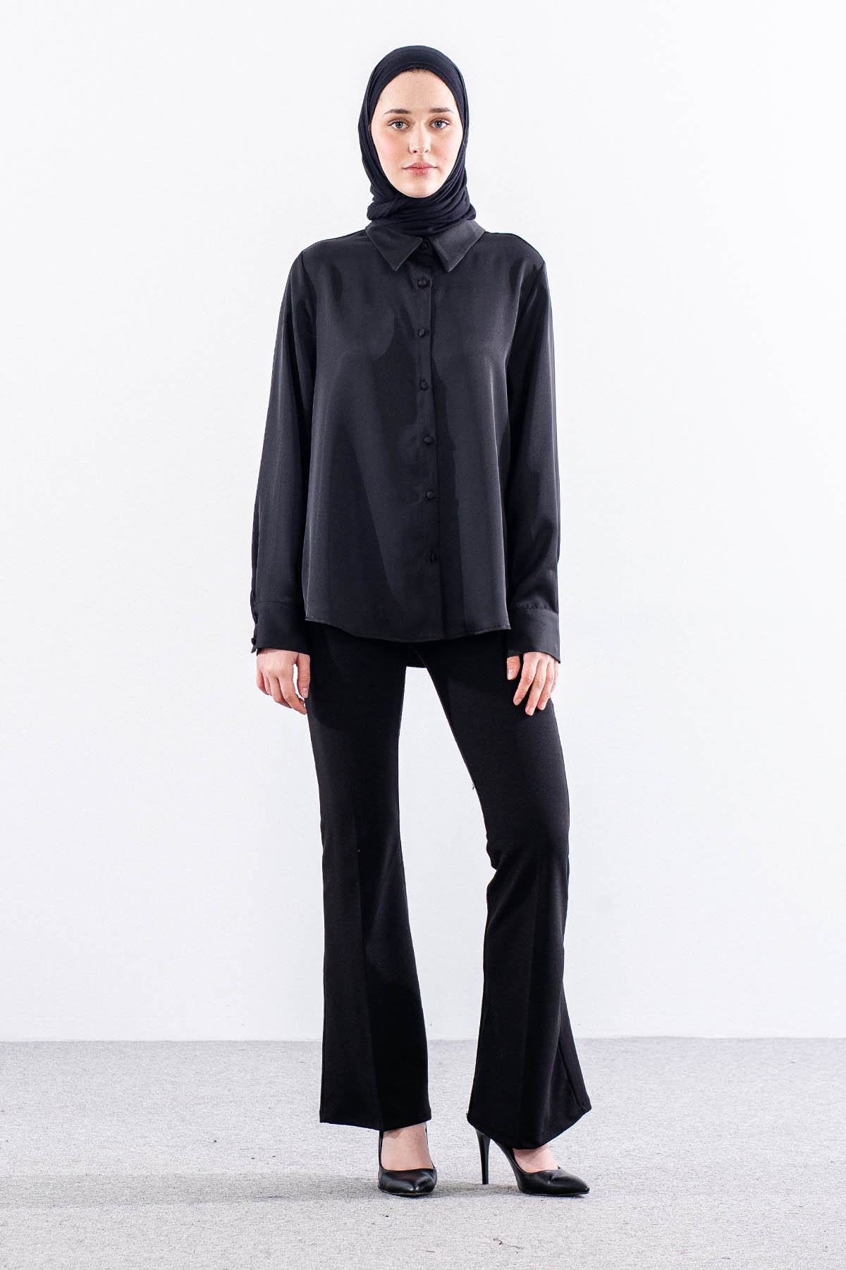 3080 Gömlek 42-50 Saten - Siyah - 1
