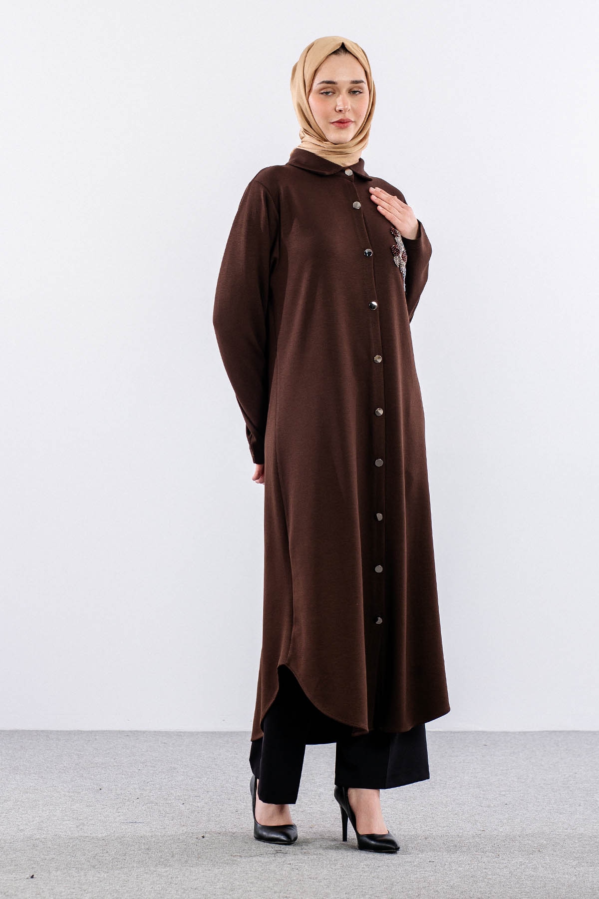 329 Tunik 38-48 Cicek Tas Isleme - Kahve - 3