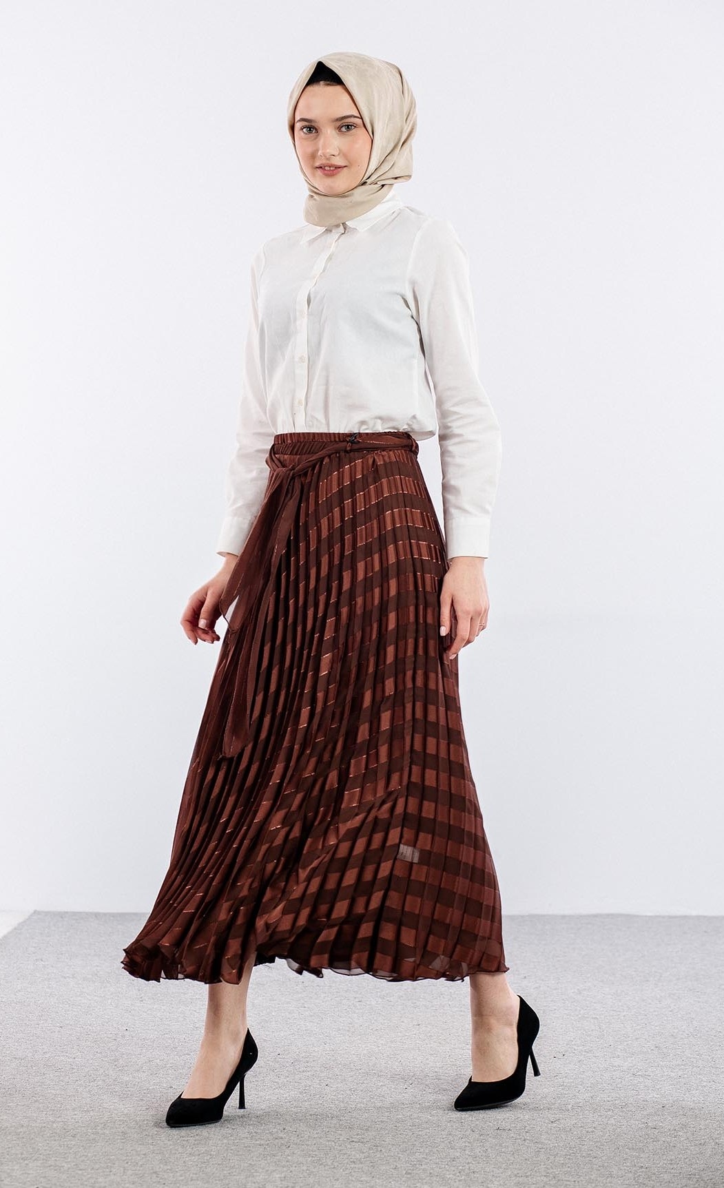 3701 Etek 38-46 Plise Jakar Sifon - Kahve - 2