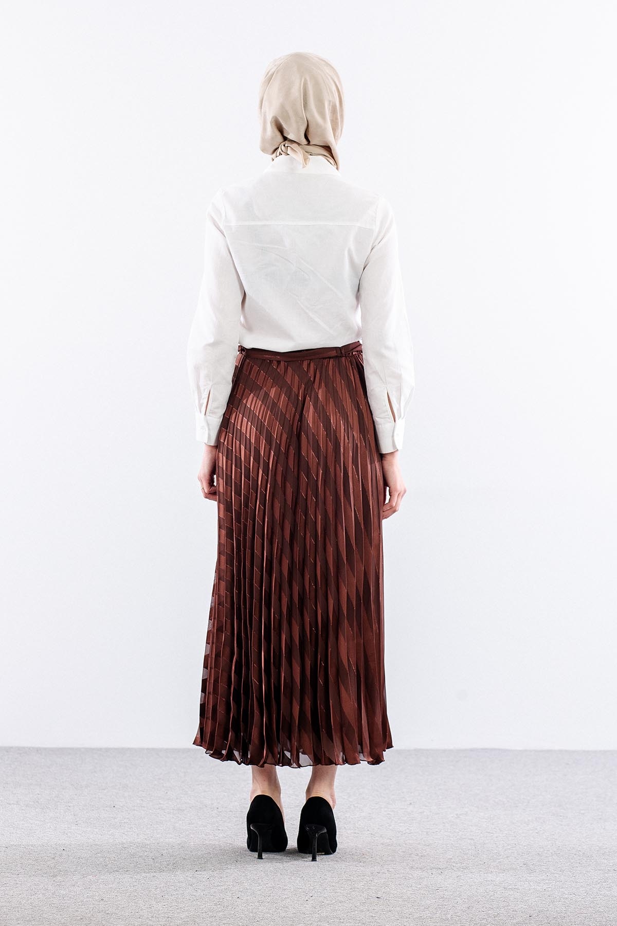 3701 Etek 38-46 Plise Jakar Sifon - Kahve - 4