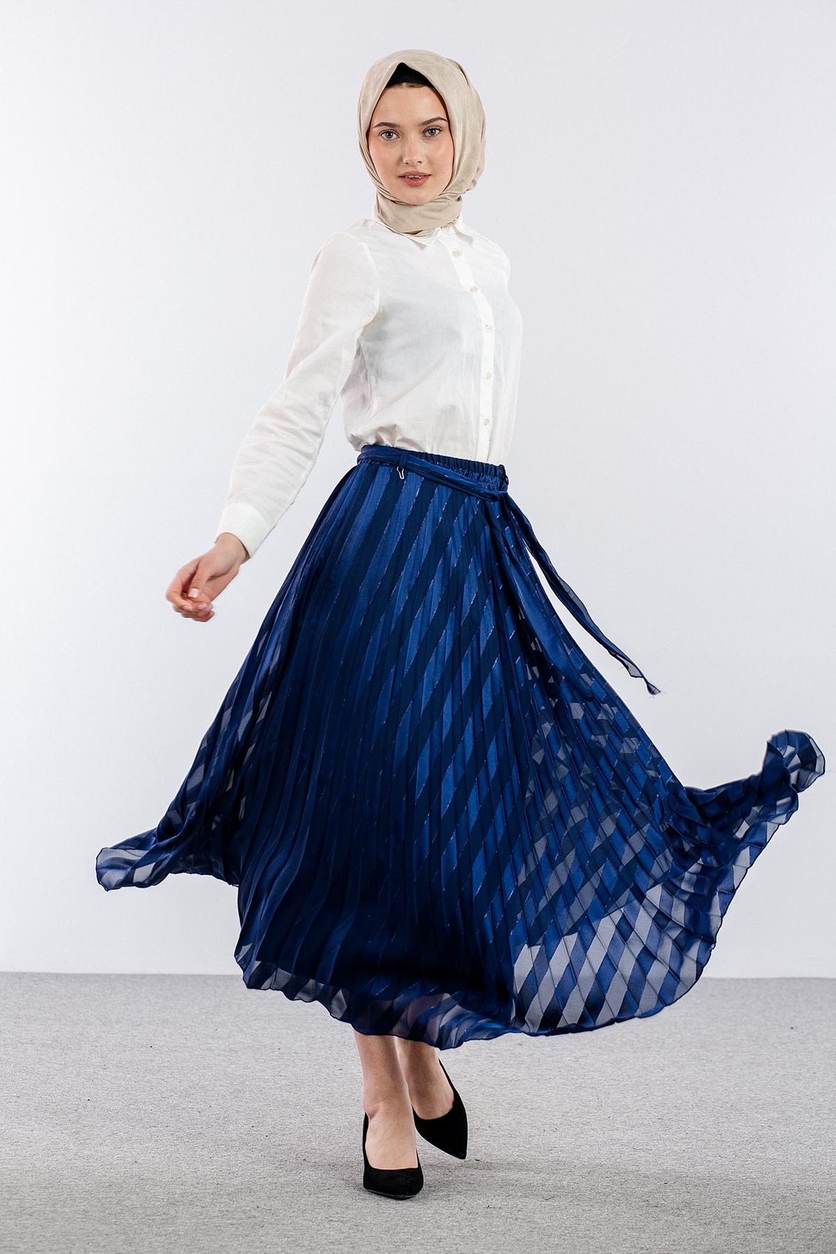 3701 Etek 38-46 Plise Jakar Sifon - Lacivert - 2