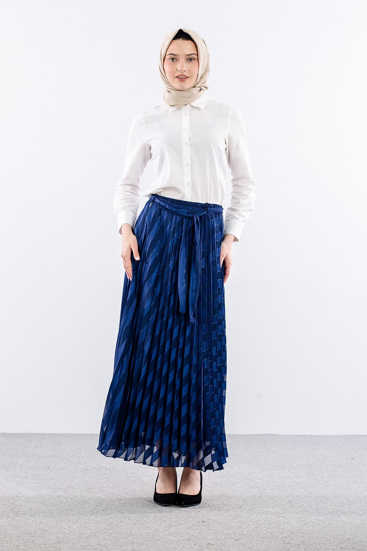 3701 Etek 38-46 Plise Jakar Sifon - Lacivert - 3