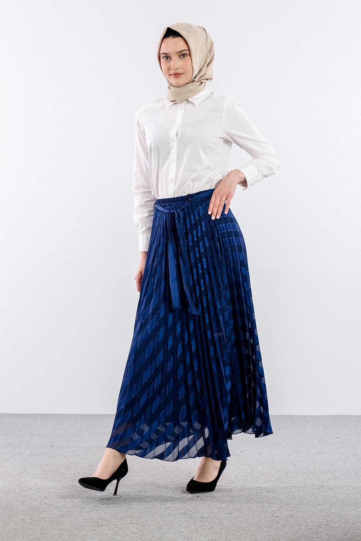 3701 Etek 38-46 Plise Jakar Sifon - Lacivert - 4