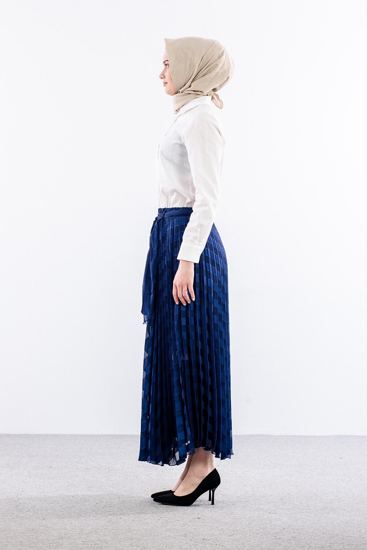 3701 Etek 38-46 Plise Jakar Sifon - Lacivert - 5