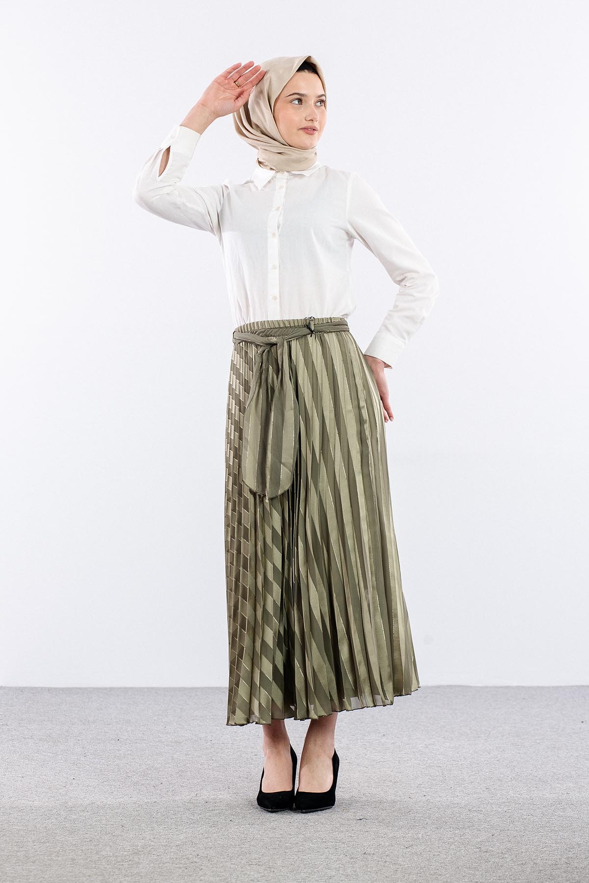 3701 Etek 38-46 Plise Jakar Sifon - Yesil - 1