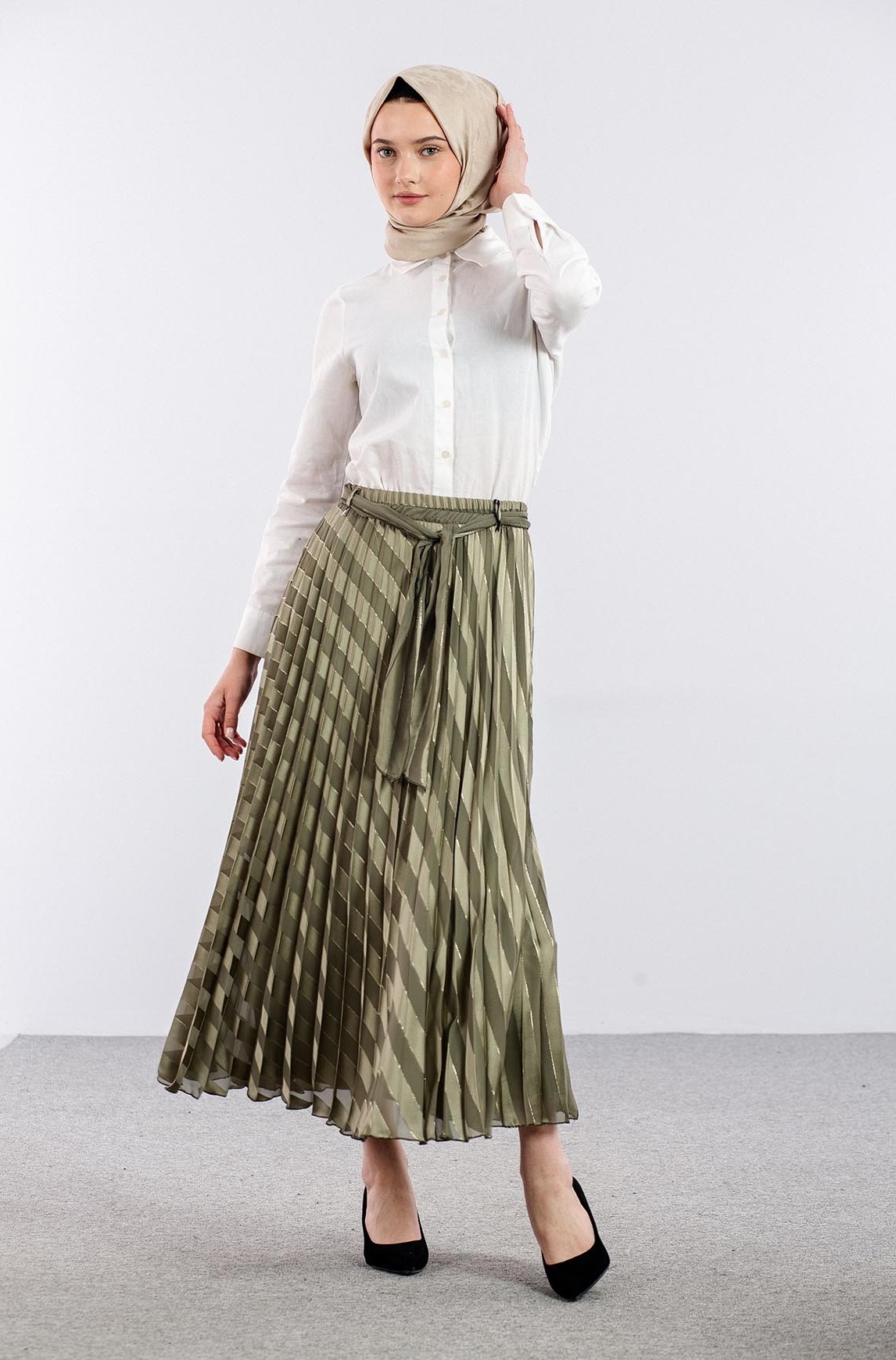 3701 Etek 38-46 Plise Jakar Sifon - Yesil - 2