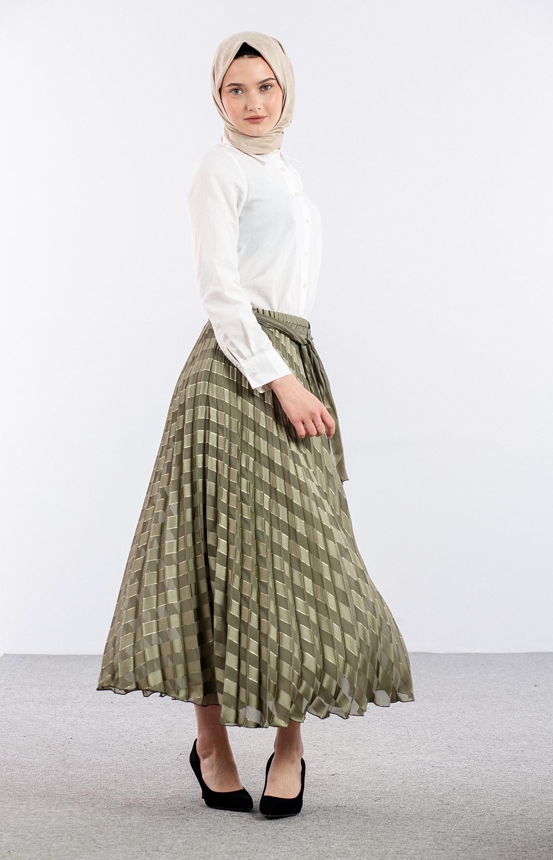 3701 Etek 38-46 Plise Jakar Sifon - Yesil - 3
