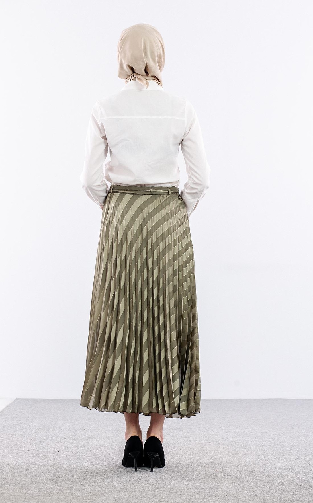 3701 Etek 38-46 Plise Jakar Sifon - Yesil - 5