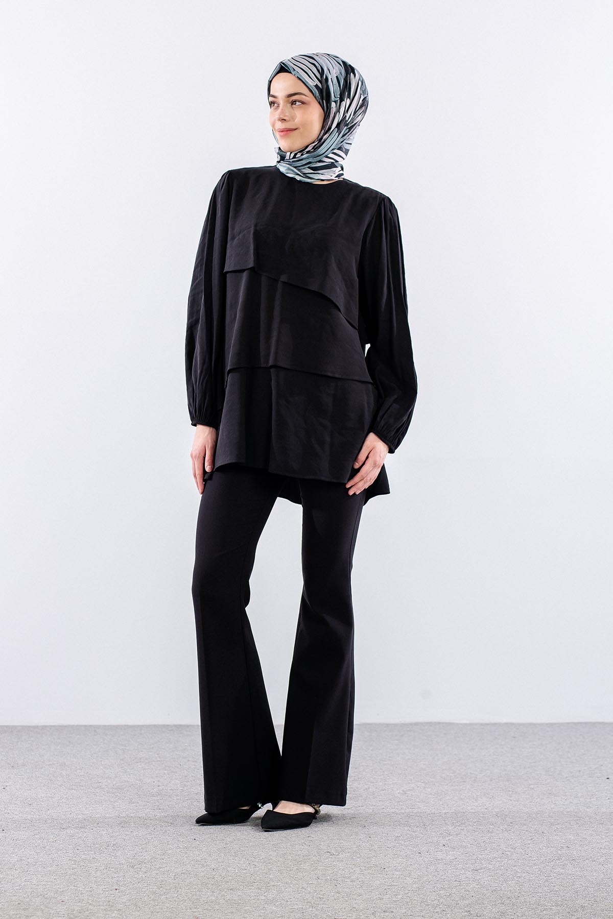 37219 Tunik S-m-l-xl Volan Katli - Siyah - 2