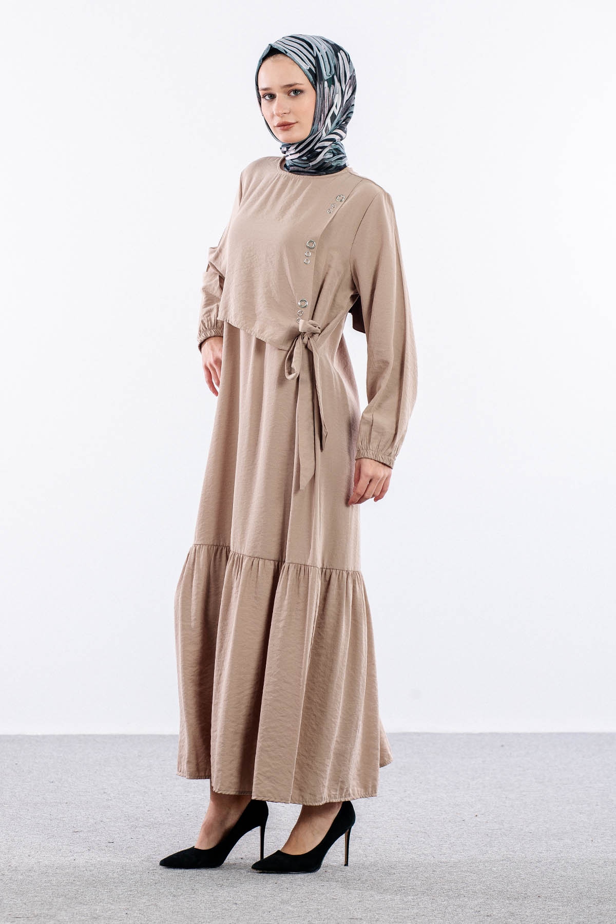 4011 Elbise 42-50 Kusgozu - Bej - 2