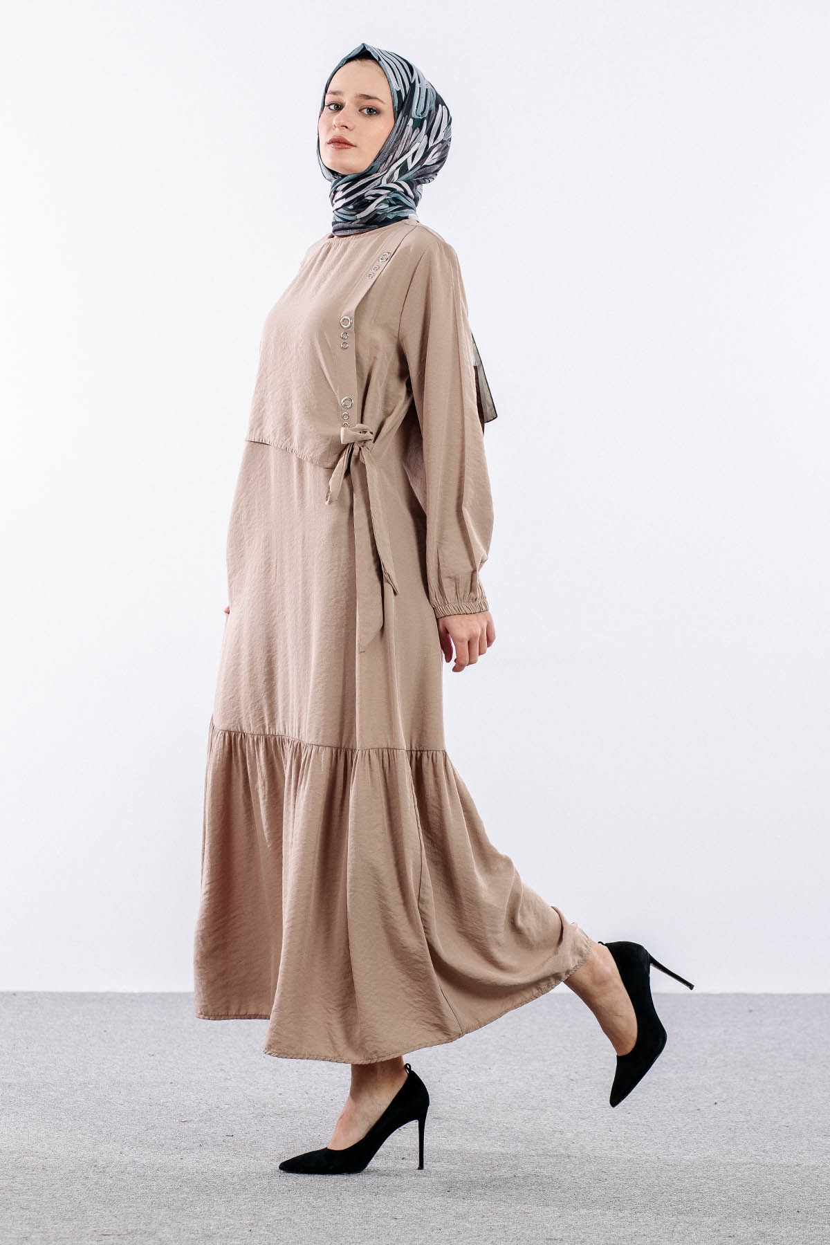 4011 Elbise 42-50 Kusgozu - Bej - 3