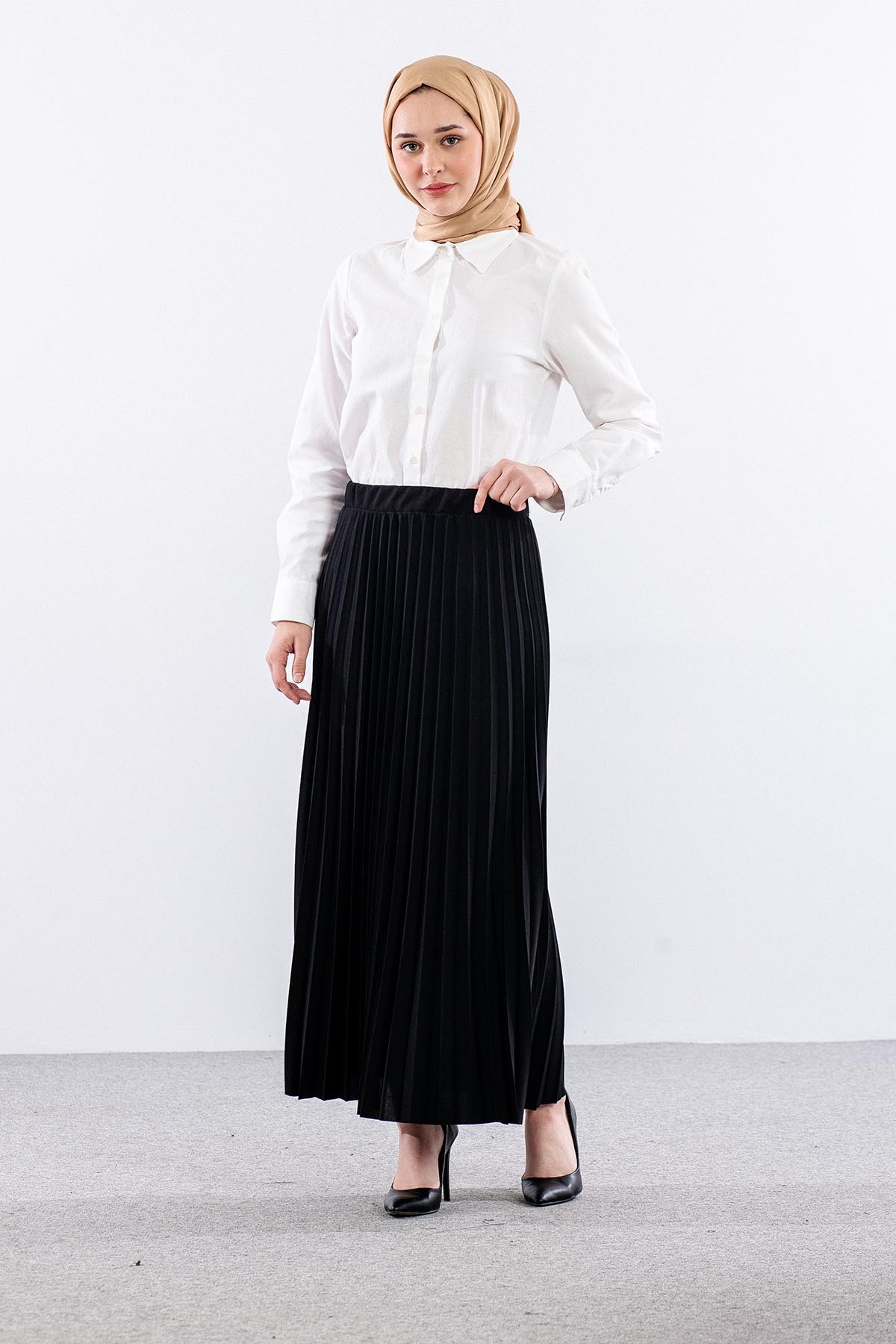 412 Pli̇se Etek 38-48 - Siyah - 2