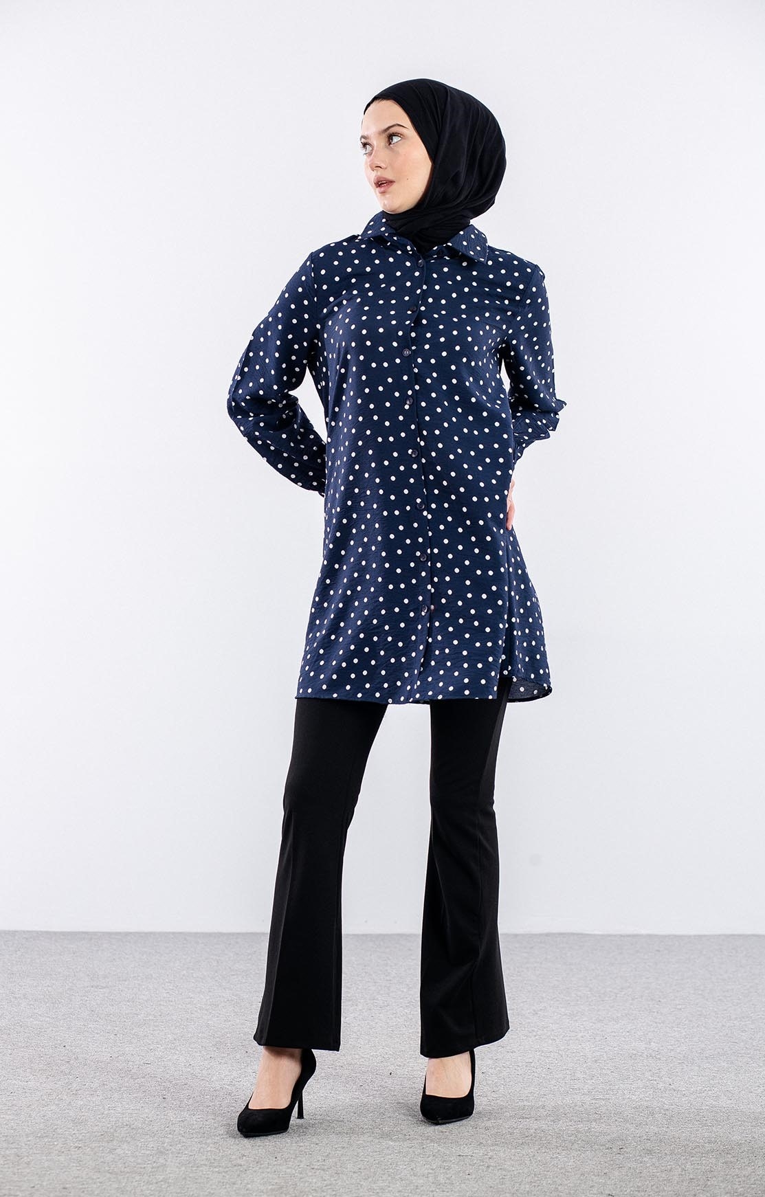 5048 Tunik 44-52 Dugmeli Puan Desen - Lacivert_krem - 1