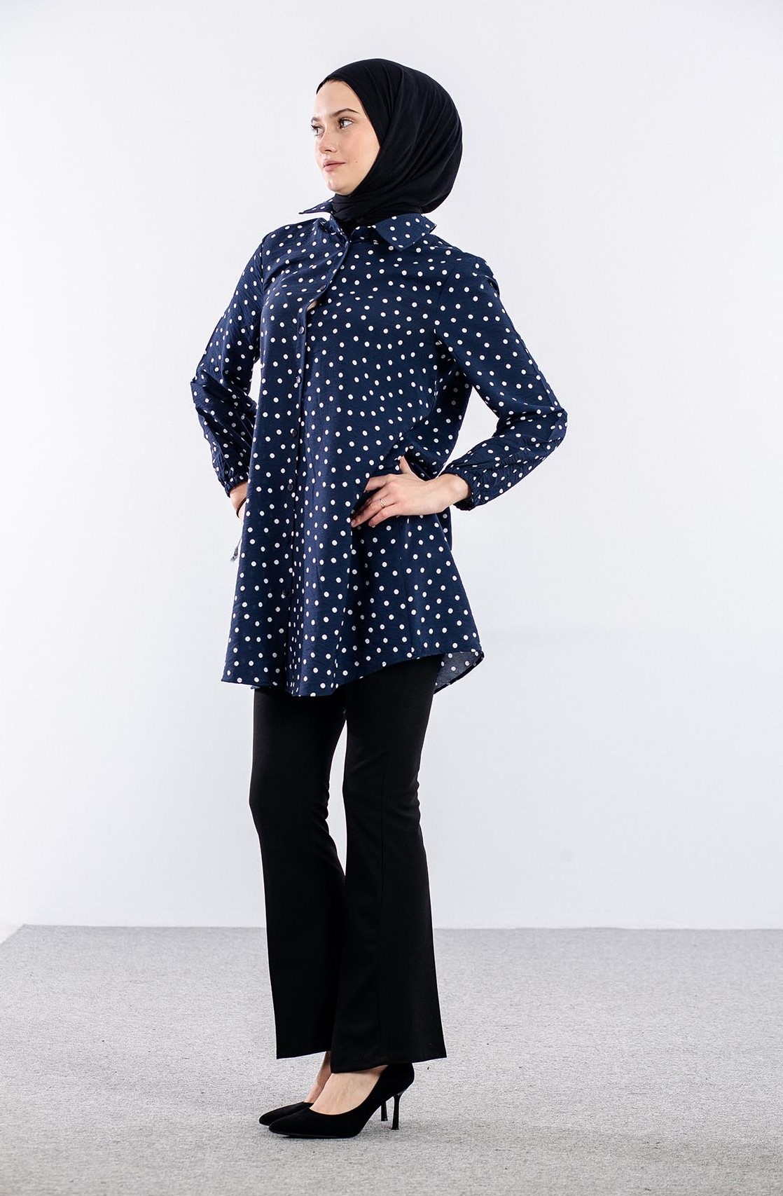 5048 Tunik 44-52 Dugmeli Puan Desen - Lacivert_krem - 2
