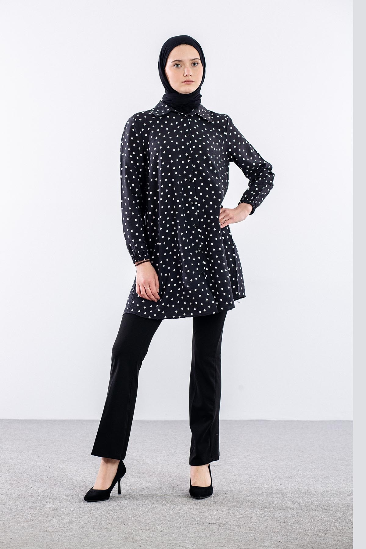 5048 Tunik 44-52 Dugmeli Puan Desen - Siyah_tas - 1