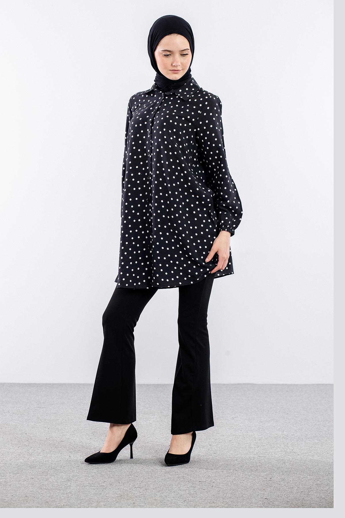 5048 Tunik 44-52 Dugmeli Puan Desen - Siyah_tas - 3