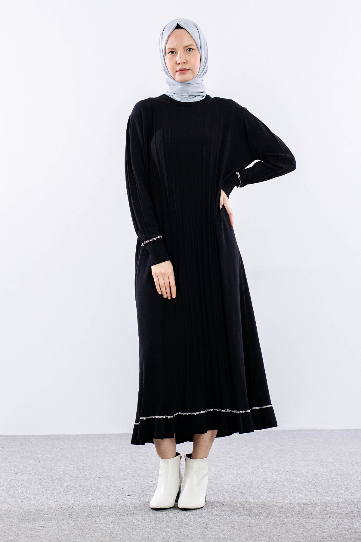 6745 Triko Elbise Tek - Siyah - 3