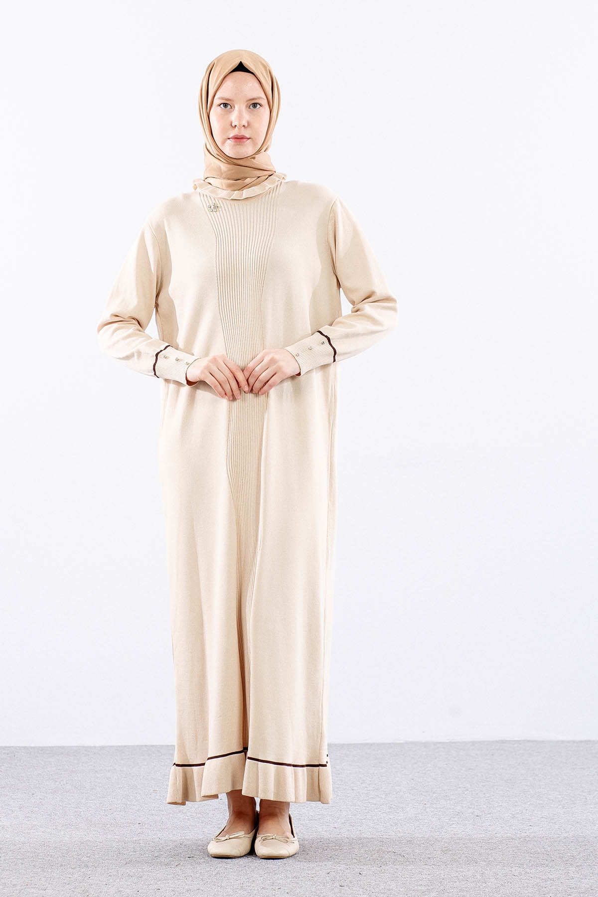 6825 Triko Elbise Tek Tasli - Bej - 3