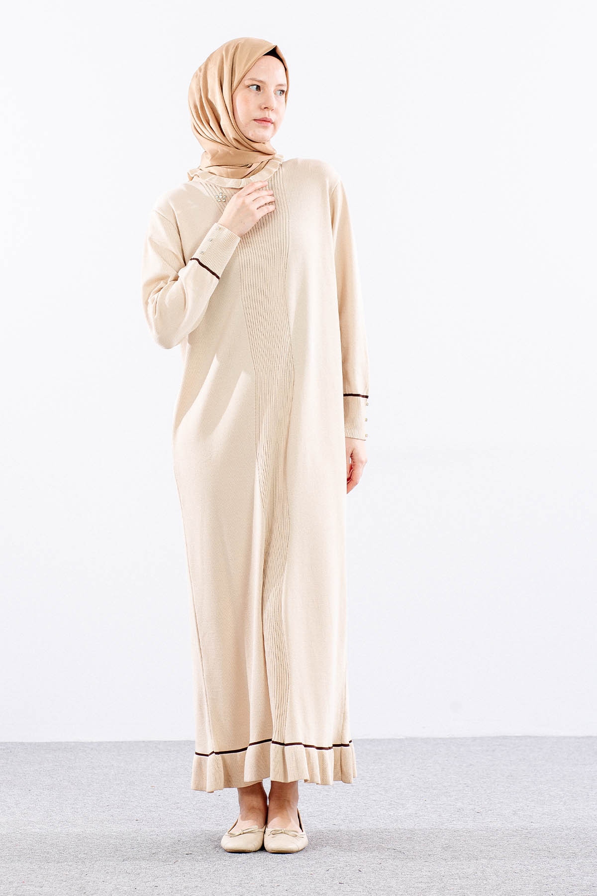 6825 Triko Elbise Tek Tasli - Bej - 4