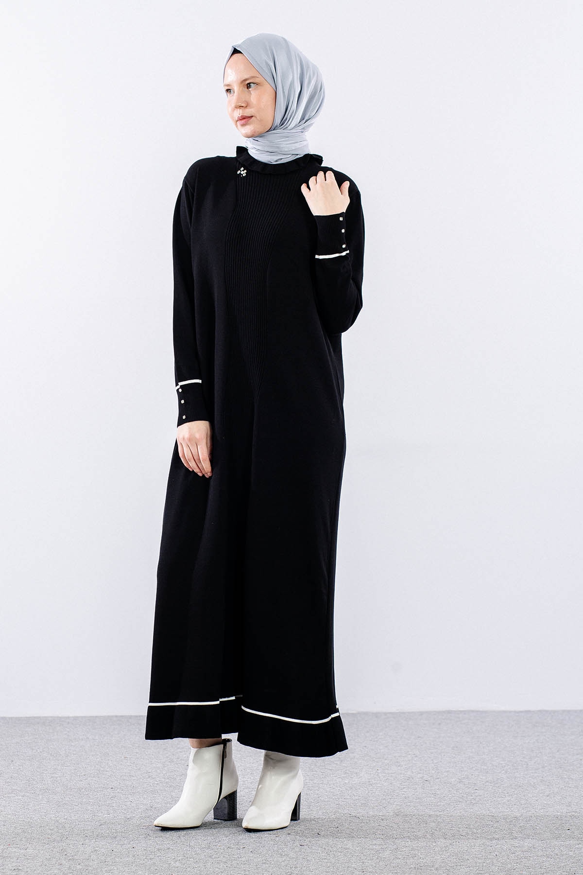 6825 Triko Elbise Tek Tasli - Siyah - 2