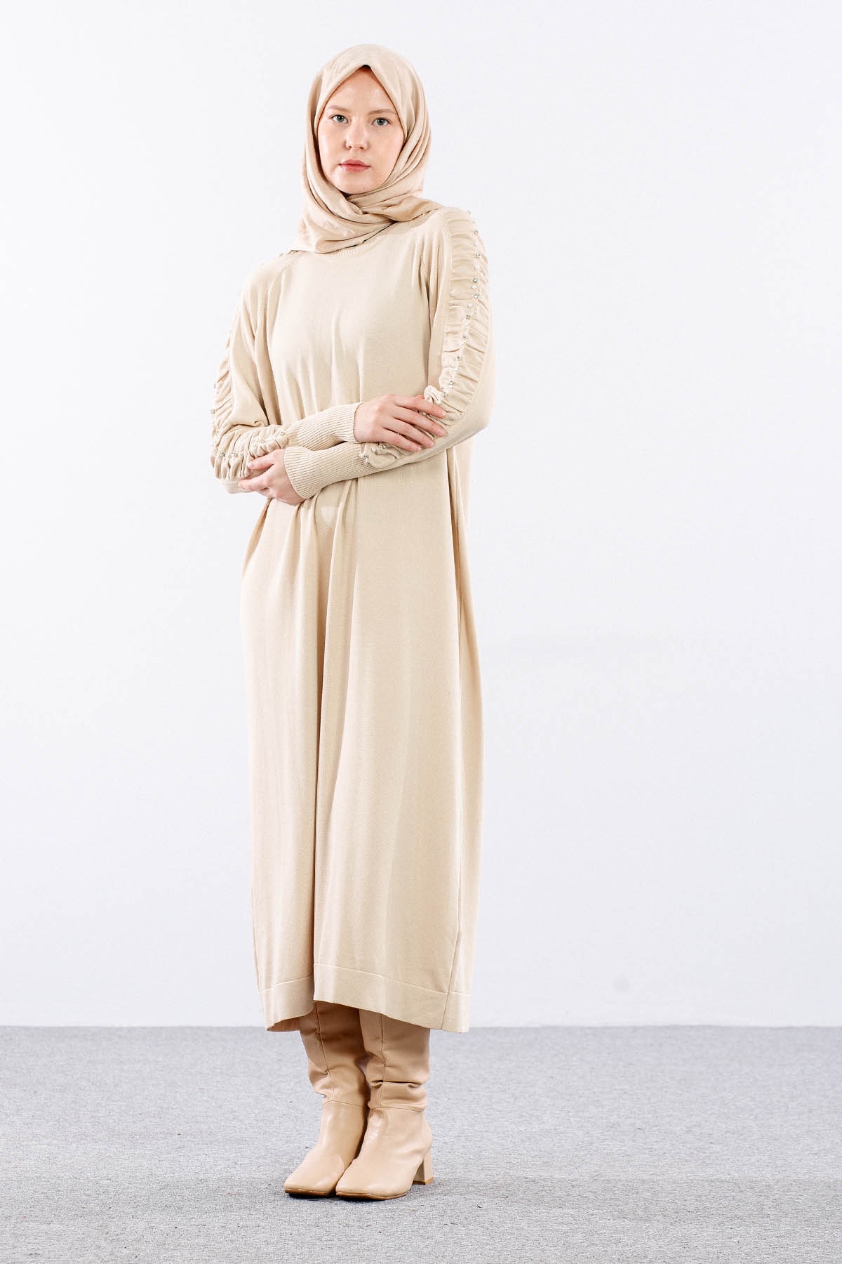 7055 Triko Elbise Tek - Bej - 3