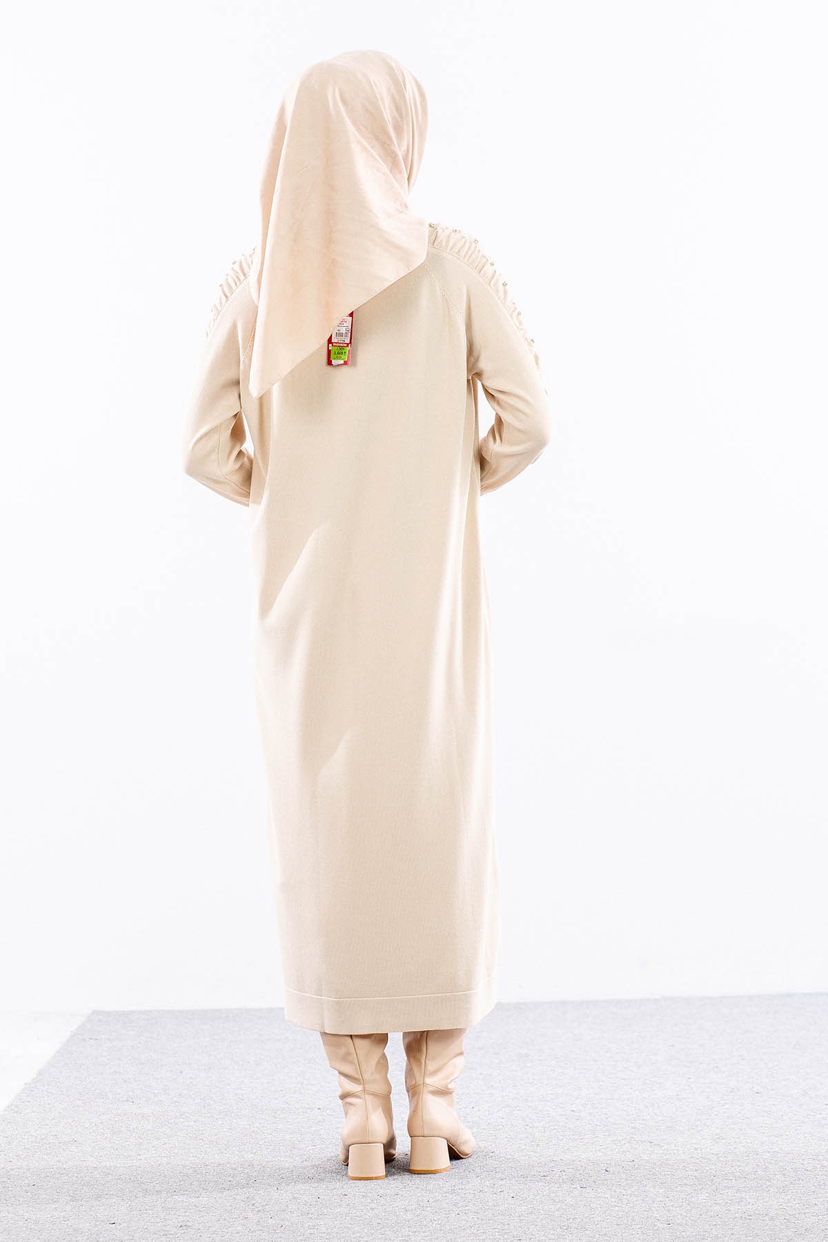 7055 Triko Elbise Tek - Bej - 5