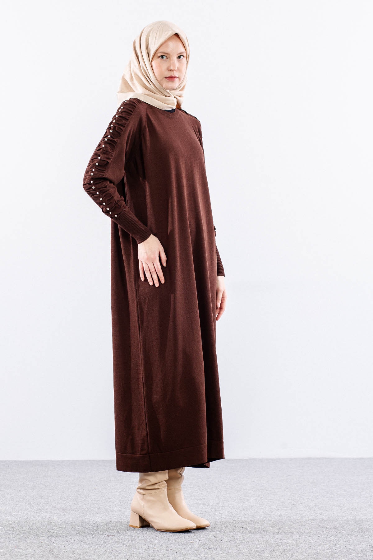 7055 Triko Elbise Tek - Kahve - 2