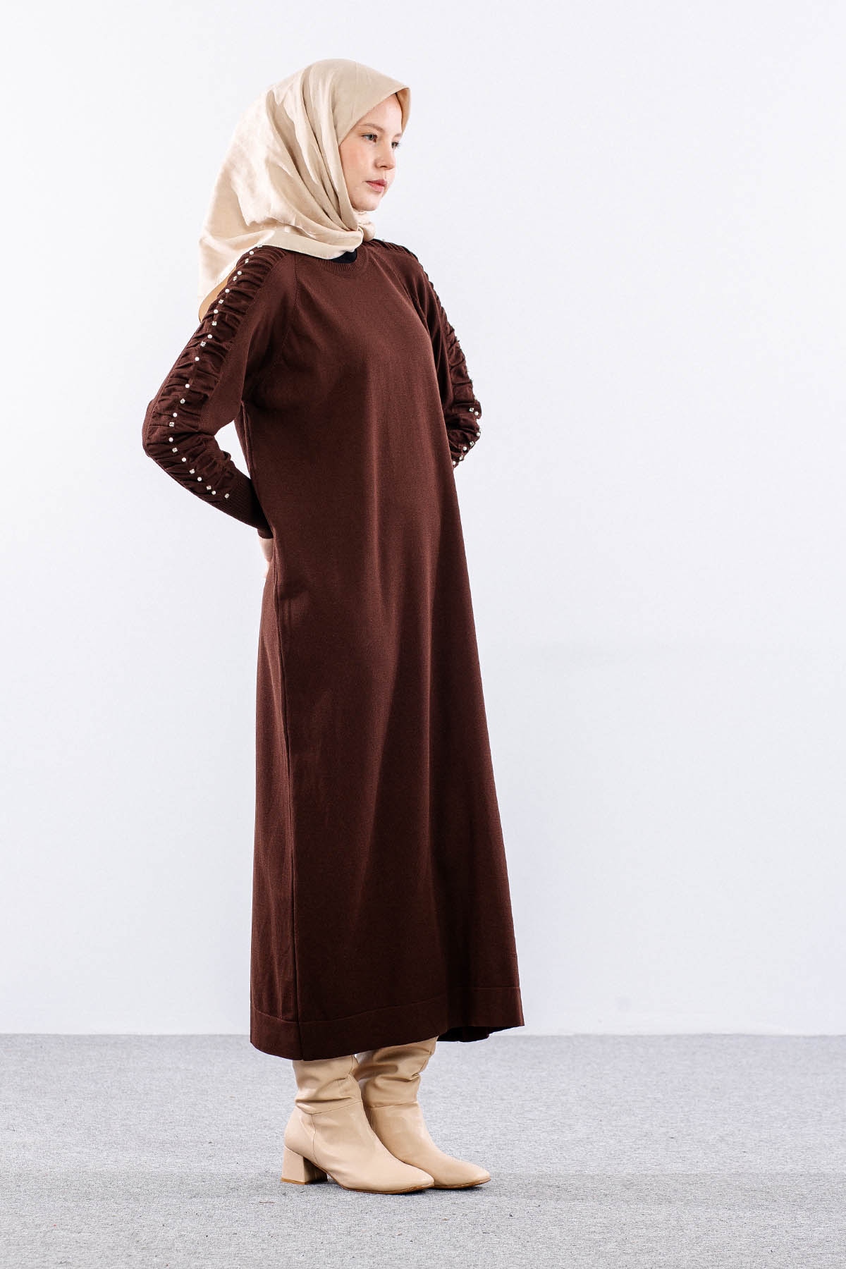 7055 Triko Elbise Tek - Kahve - 3