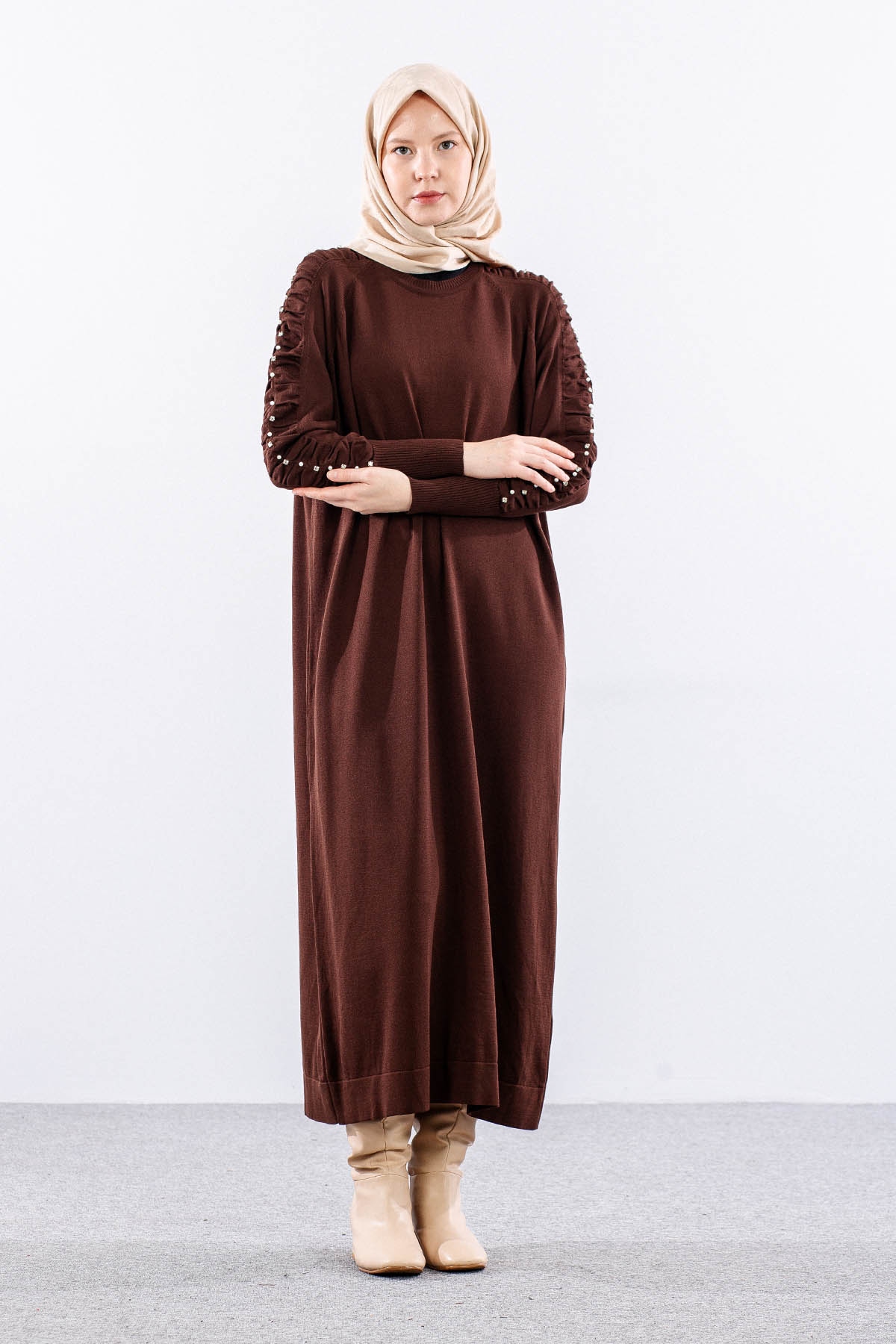 7055 Triko Elbise Tek - Kahve - 4