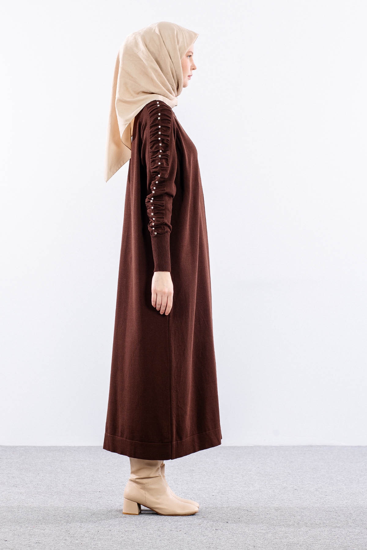 7055 Triko Elbise Tek - Kahve - 5