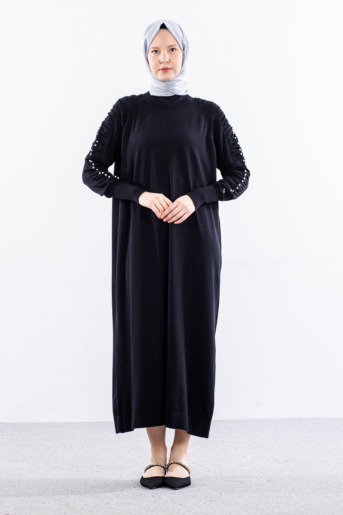 7055 Triko Elbise Tek - Siyah - 1