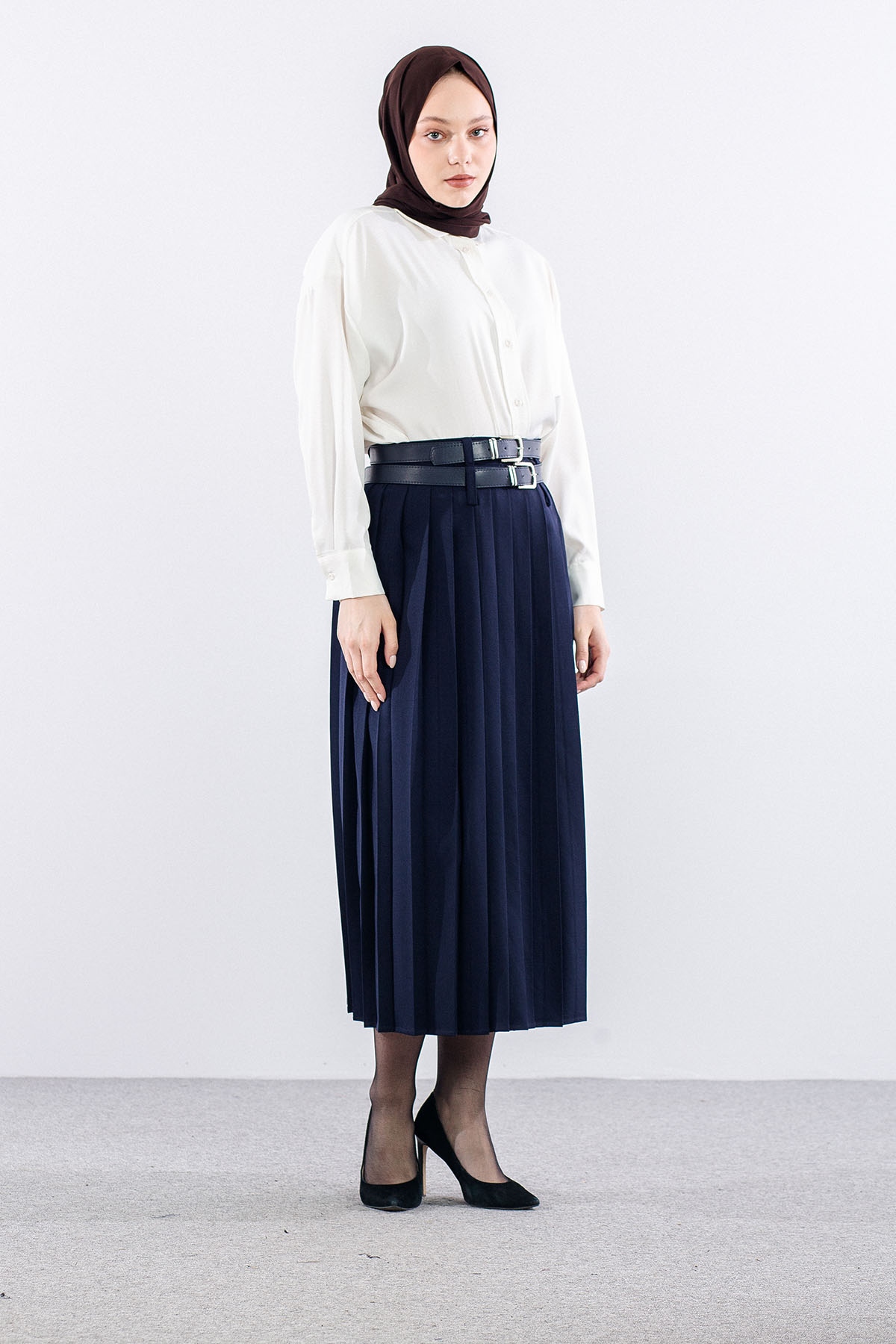 9505-50 Etek 38-44 Pli̇se Cift Kemer - Lacivert - 2