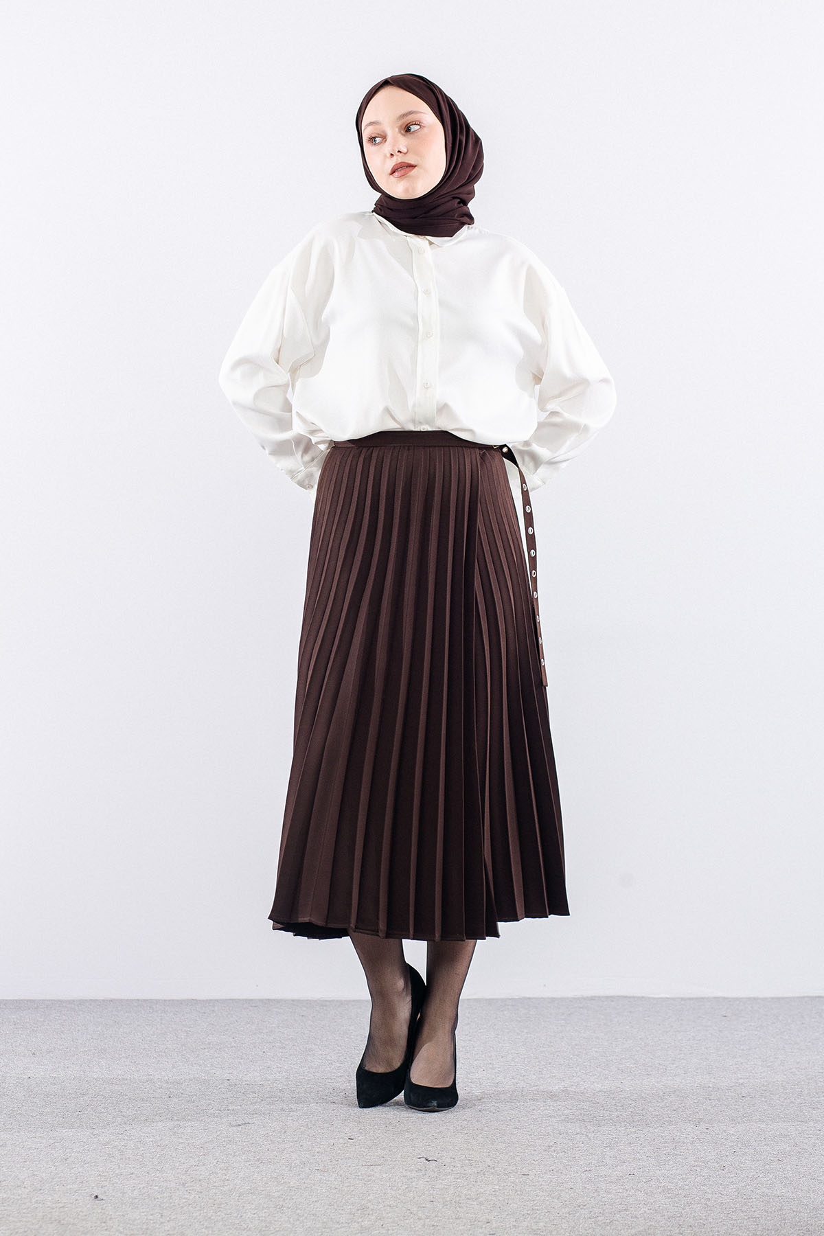 9549-00 Etek 38-42 Pli̇se Kusgozu - Kahve - 1