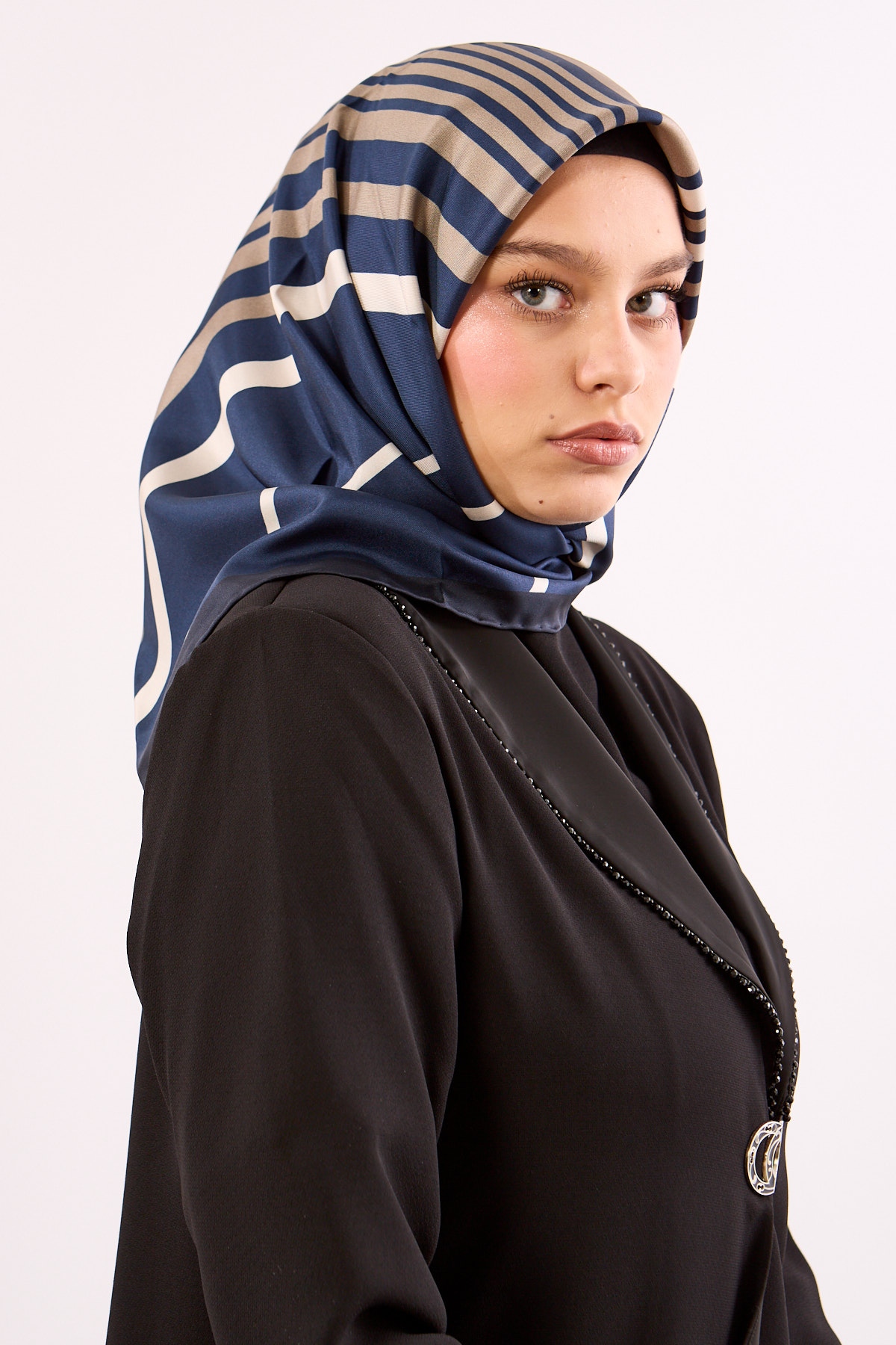 Dg13139 İpek Eşarp Tvil Kumas Cizgi Desen - Lacivert_tas - 1