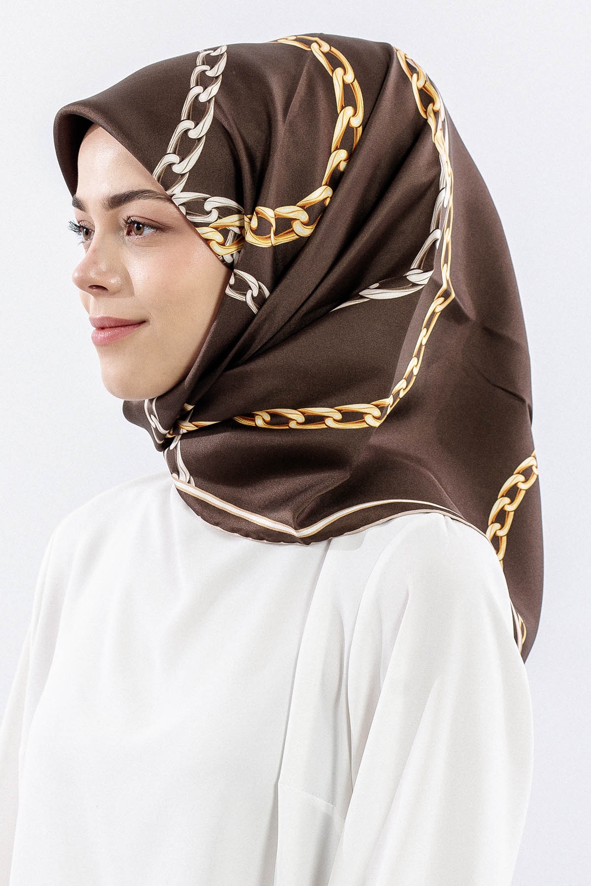 Dg18338 İpek Eşarp Zincir Tvil Kumas - Kahve - 2