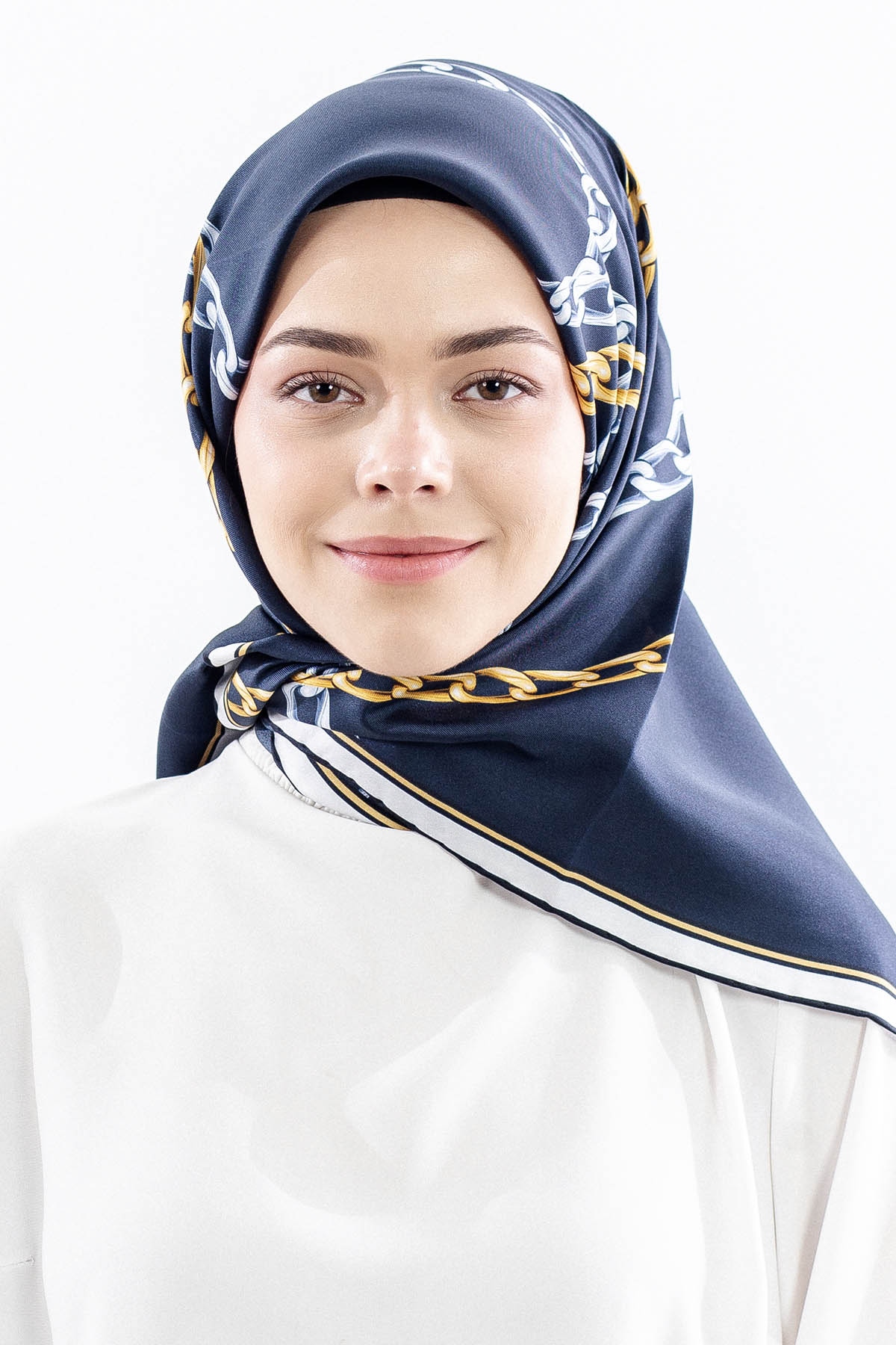 Dg18338 İpek Eşarp Zincir Tvil Kumas - Lacivert - 1