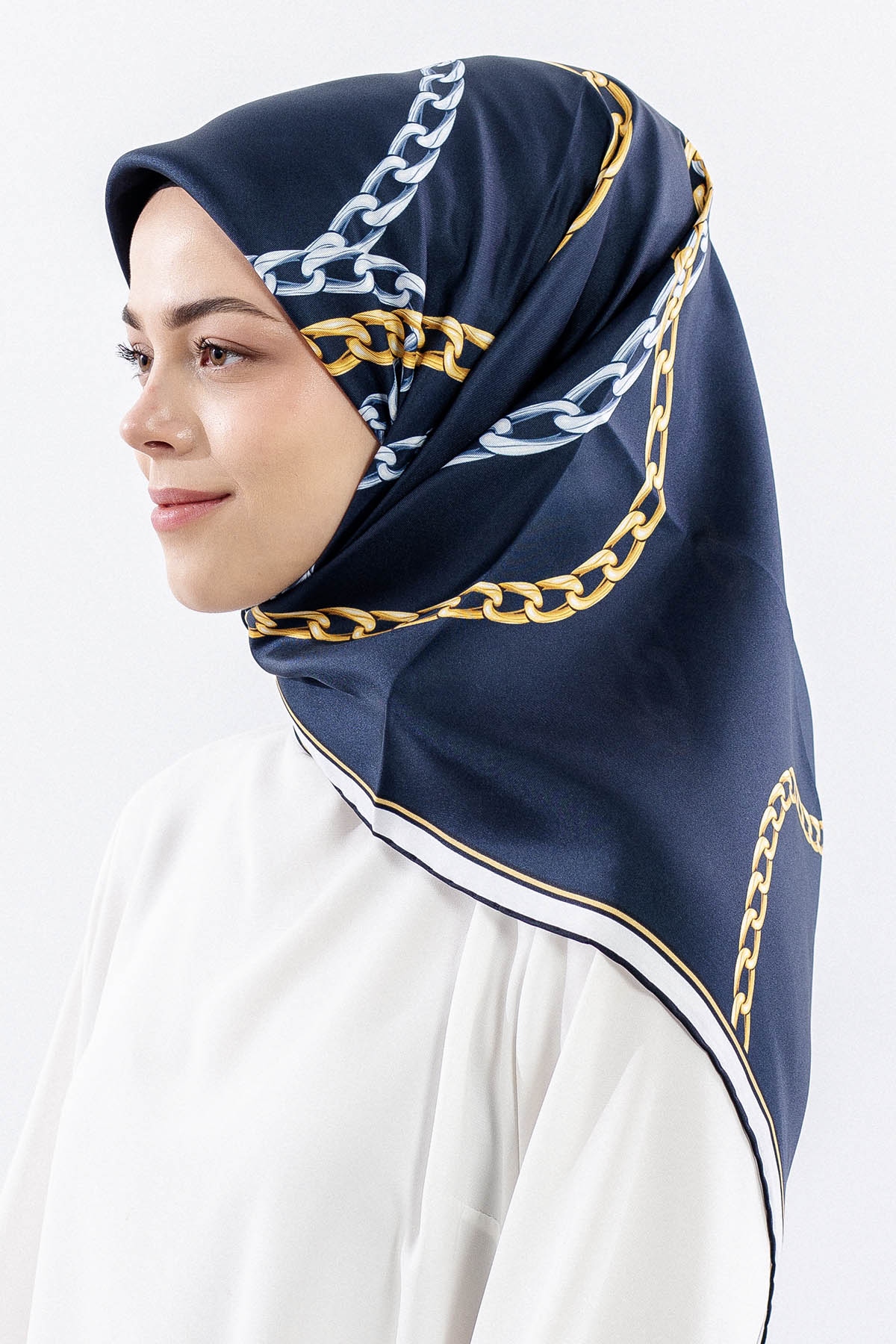 Dg18338 İpek Eşarp Zincir Tvil Kumas - Lacivert - 2