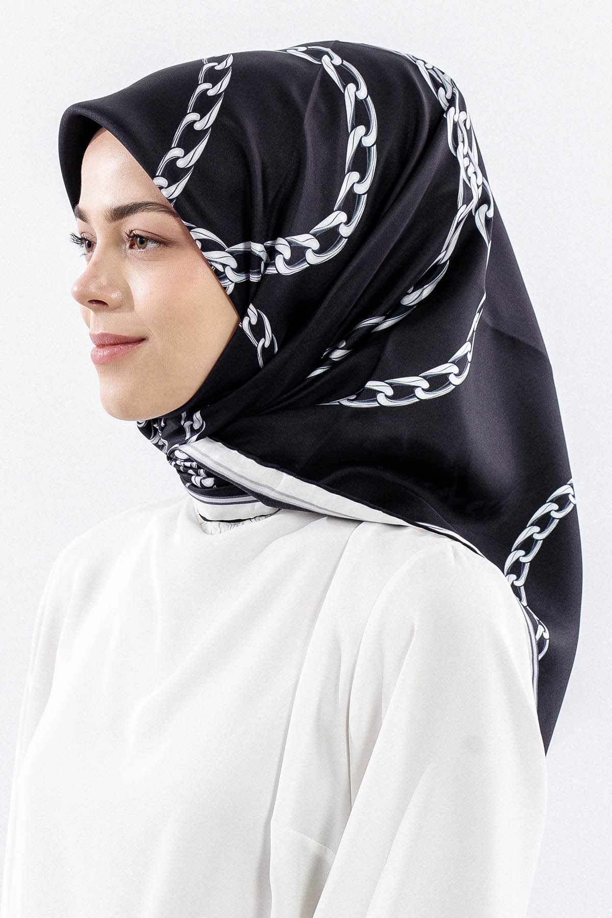 Dg18338 İpek Eşarp Zincir Tvil Kumas - Siyah_gri - 2