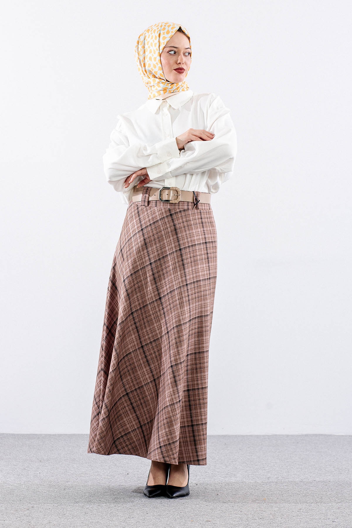 Mevlana Etek 38-48 Ekose Gramaj - Bej - 2