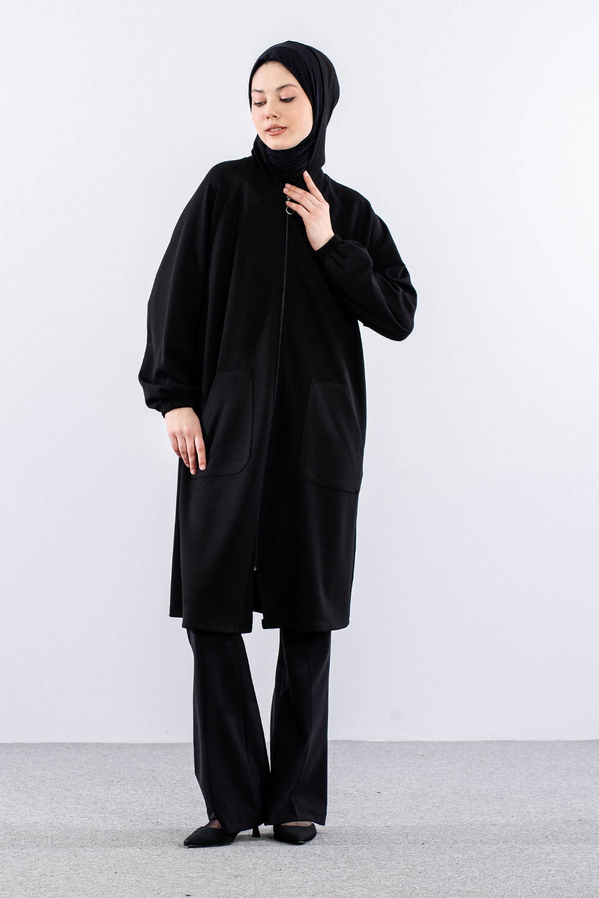 N5015 Triko Tunik Tek Kolda Dugme Detay - Siyah - 2